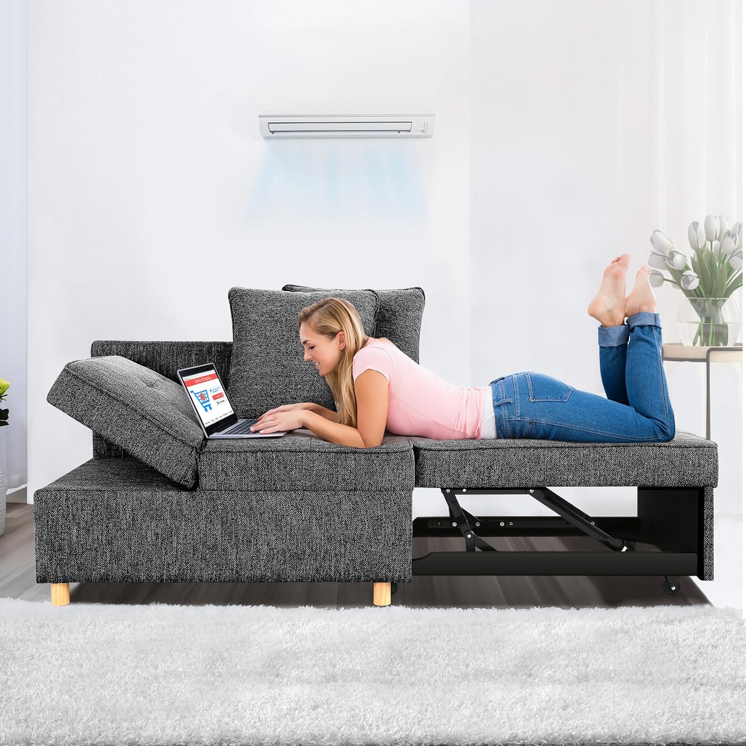 SEJOV Sofa Bed 4-in-1 Convertible Sofas & Couches, 3-Seat Linen Fabric loveseat Sofa with 2 Throw Pillow, Single Recliner for Small Space with 5 Adjustable Backrest, Black