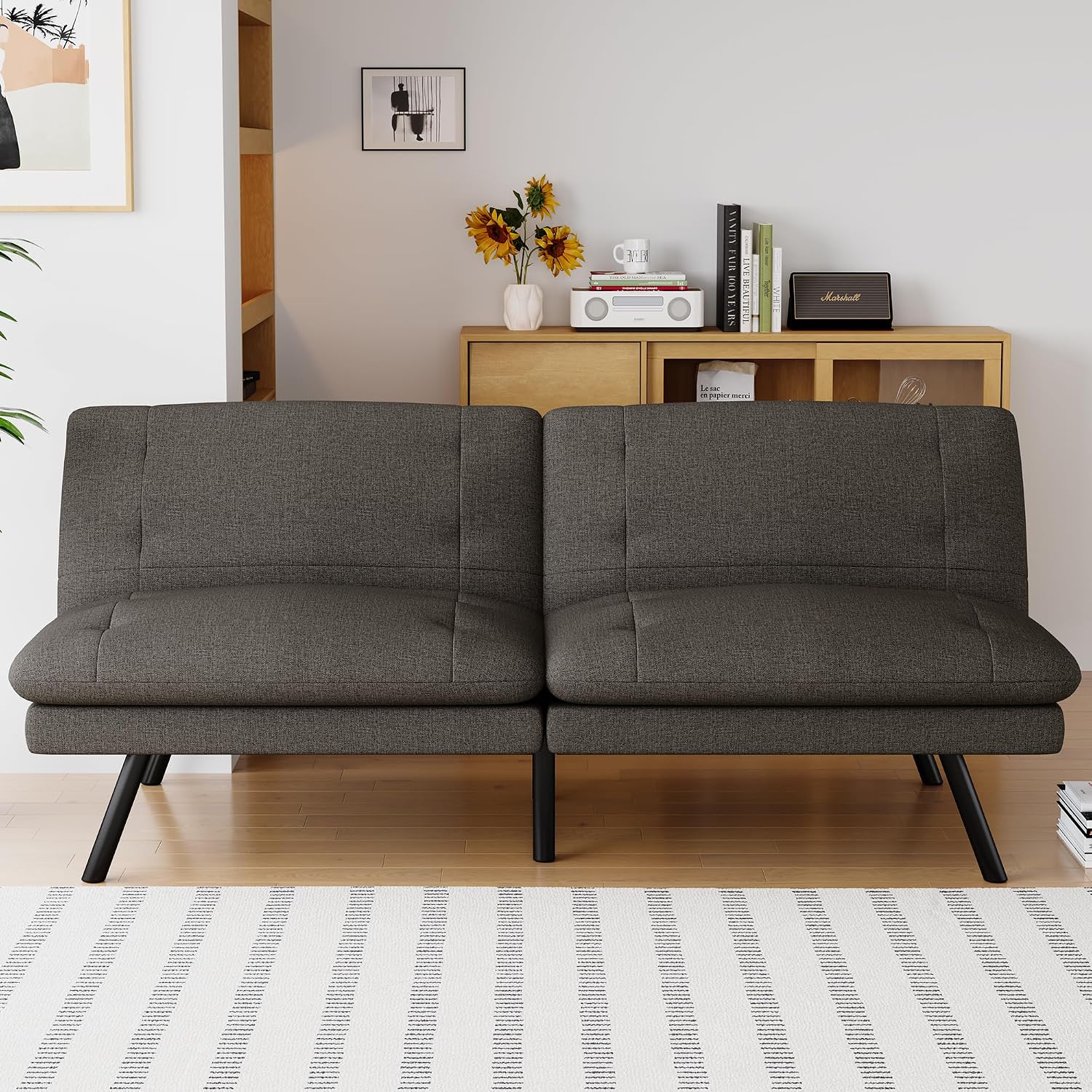 Futon Sofa Bed Convertible Couch, Grey Linen Sofa Bed with Adjustable Backrest, Multifunctional Small Loveseat Sleeper Sofa for Living Room, Apartment, Office