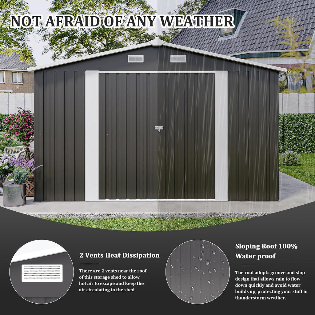 YOPTO 10x14 FT Outdoor Storage Shed, Extra Large Metal Garden Shed with Waterproof Roof, 4 Vents and 3 Lockable Doors,All-Weather Tool Shed Storage House for Backyard, Patio, Lawn,Dark Grey