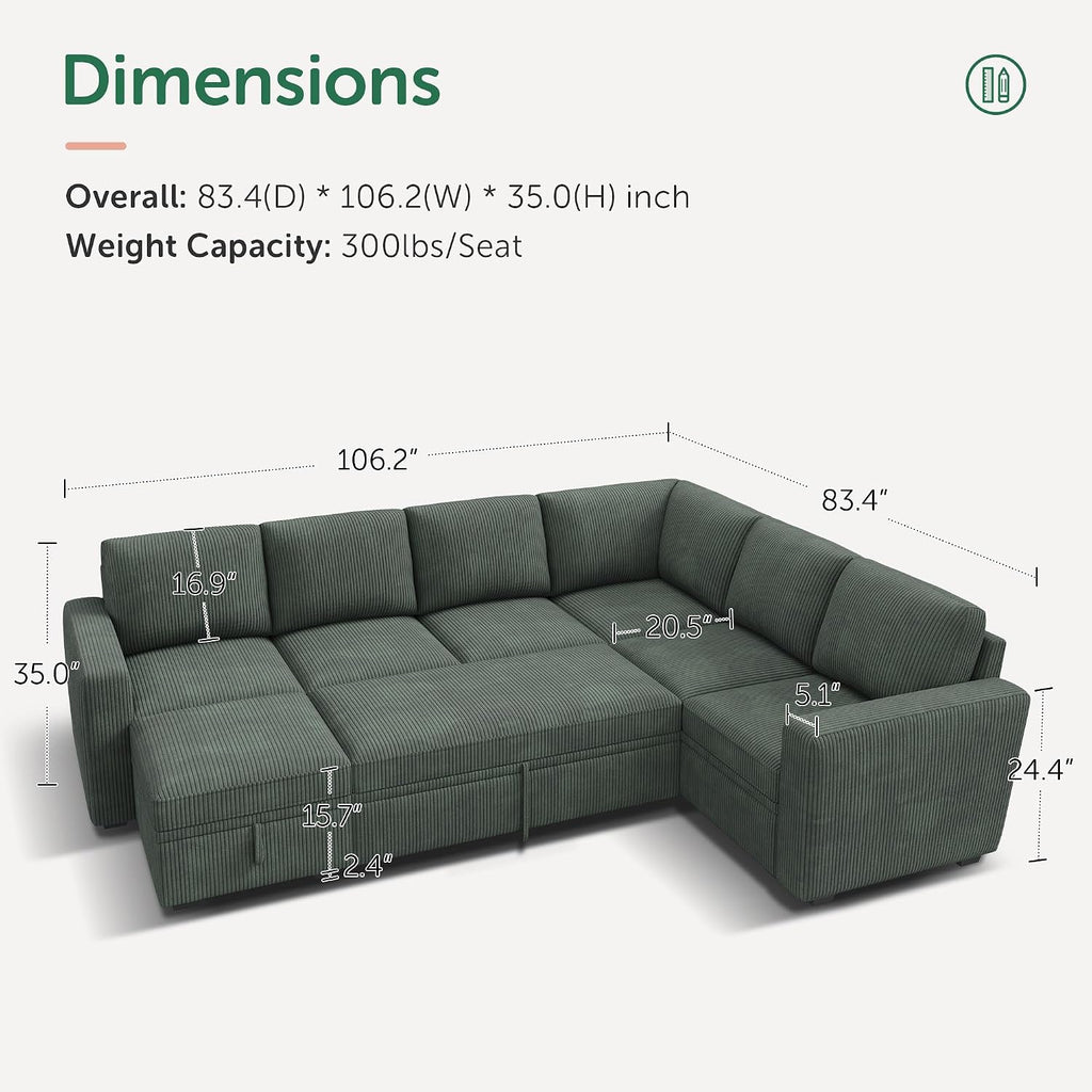 HONBAY Modular Sectional Sleeper Sofa with Pull Out Bed, Corduroy Couch with Storage Seats Ottoman, U Shaped Sectional Couches for Living Room, Green