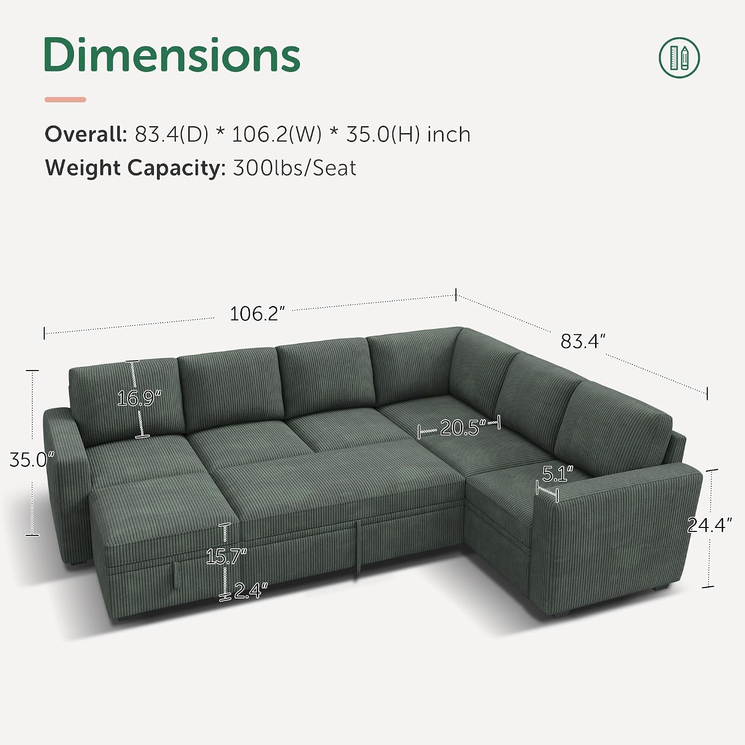 HONBAY Modular Sectional Sleeper Sofa with Pull Out Bed, Corduroy Couch with Storage Seats Ottoman, U Shaped Sectional Couches for Living Room, Green