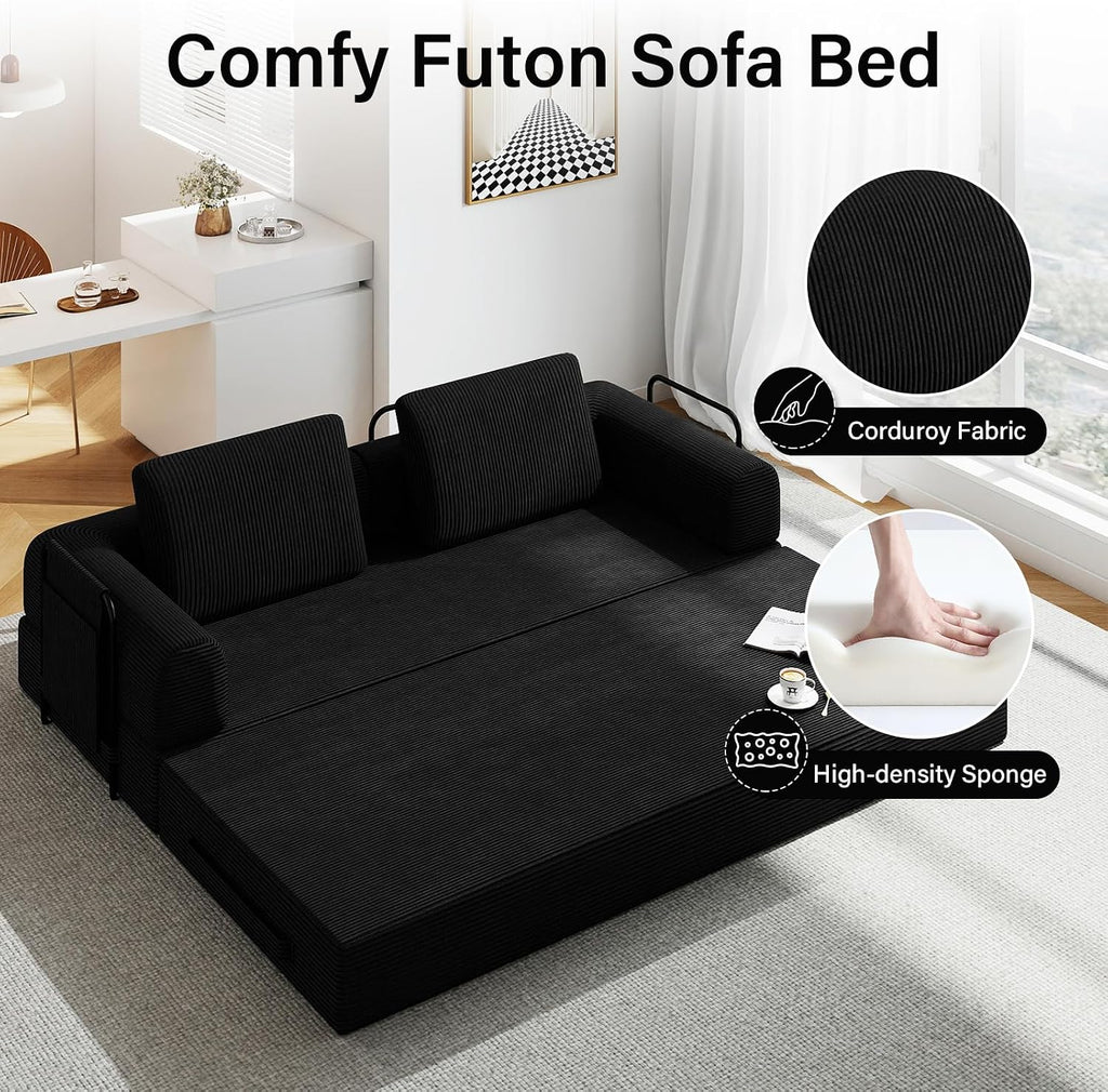 78'' Sleeper Couch Bed for Living Room, Convertible Modular Sofa with Fixed Frame and Side Pocket, Corduroy Futon Boneless Couches in a Box, No Assembly, Black