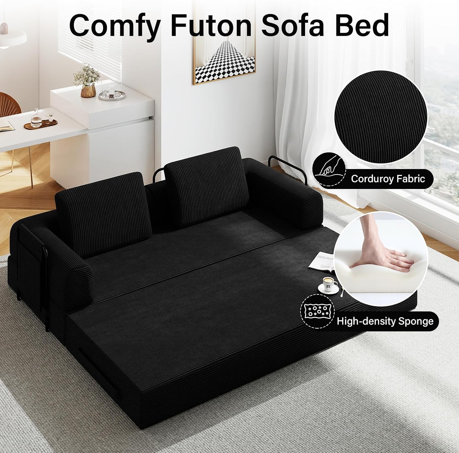 78'' Sleeper Couch Bed for Living Room, Convertible Modular Sofa with Fixed Frame and Side Pocket, Corduroy Futon Boneless Couches in a Box, No Assembly, Black