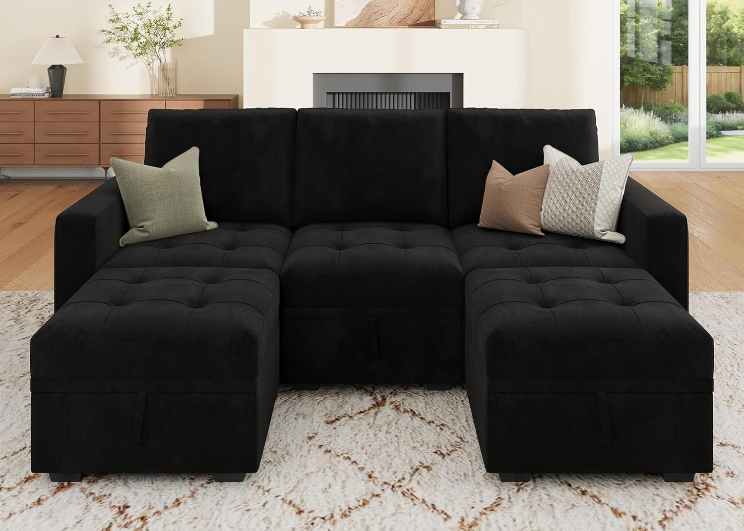 HONBAY Modular Sectional Couch U Shaped Sofa with Storage Seats Sectional Couches for Living Room,Black