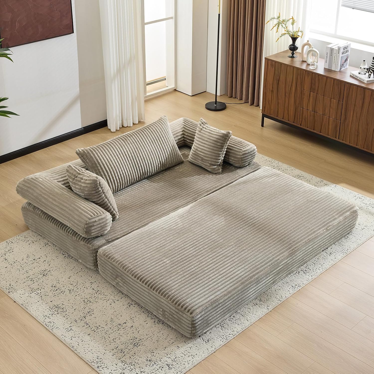 VINGLI Convertible Futon Sofa Bed, Upholstered Corduroy Boneless Couch King Size Floor Loveseat Sleeper Sofa with 2-in-1 Throw Pillow & Blanket Couches for Living Room, Bedroom, Lounge, Gray