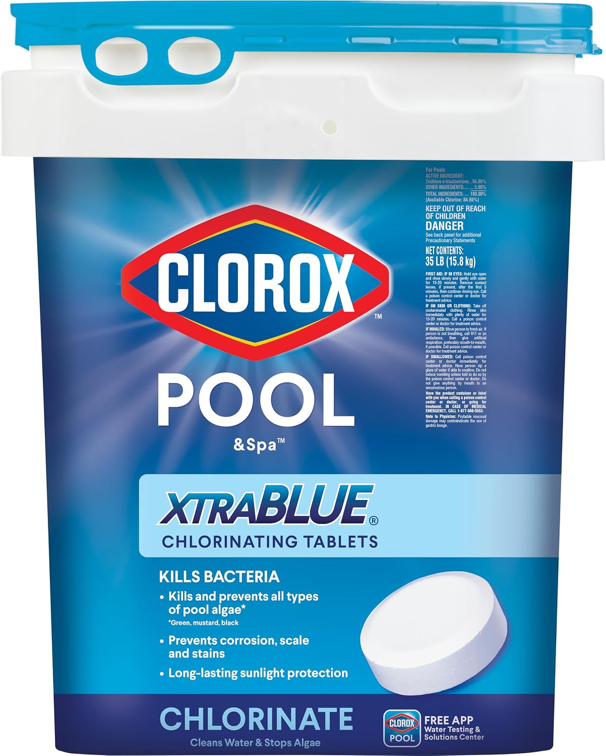 Clorox Pool&Spa XTRABLUE 3' Chlorinating Tablets, Individually Wrapped, Kills Bacteria & Stops Algae (35 LB)
