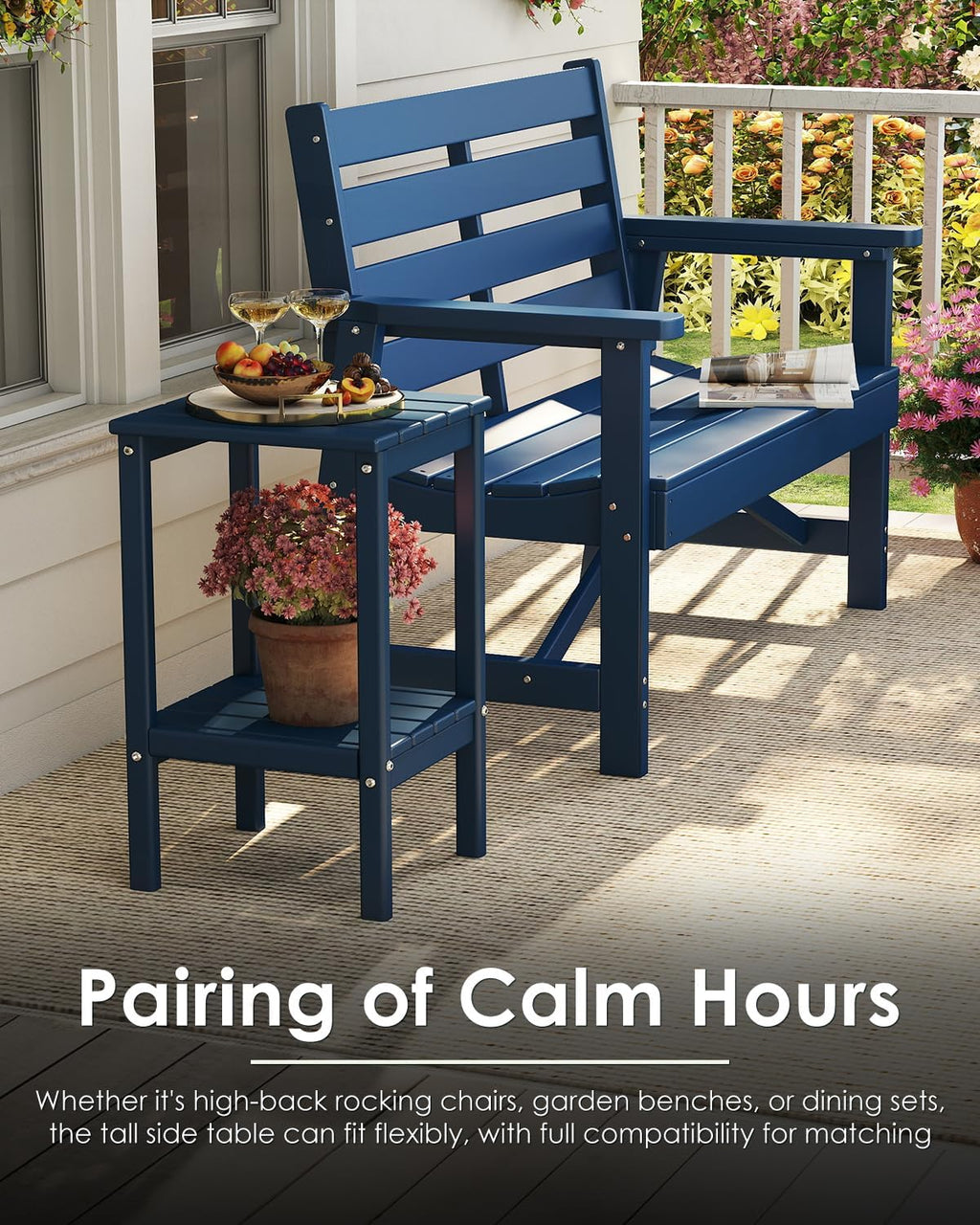 GREENVINES Tall-Outdoor-Side-Table Set of 2 | 23.5' | HDPE Plastic | Patio Adirondack End Tables | All Weather | 2-Tier | Blue | for Porch Garden Indoor & Rocking Chairs