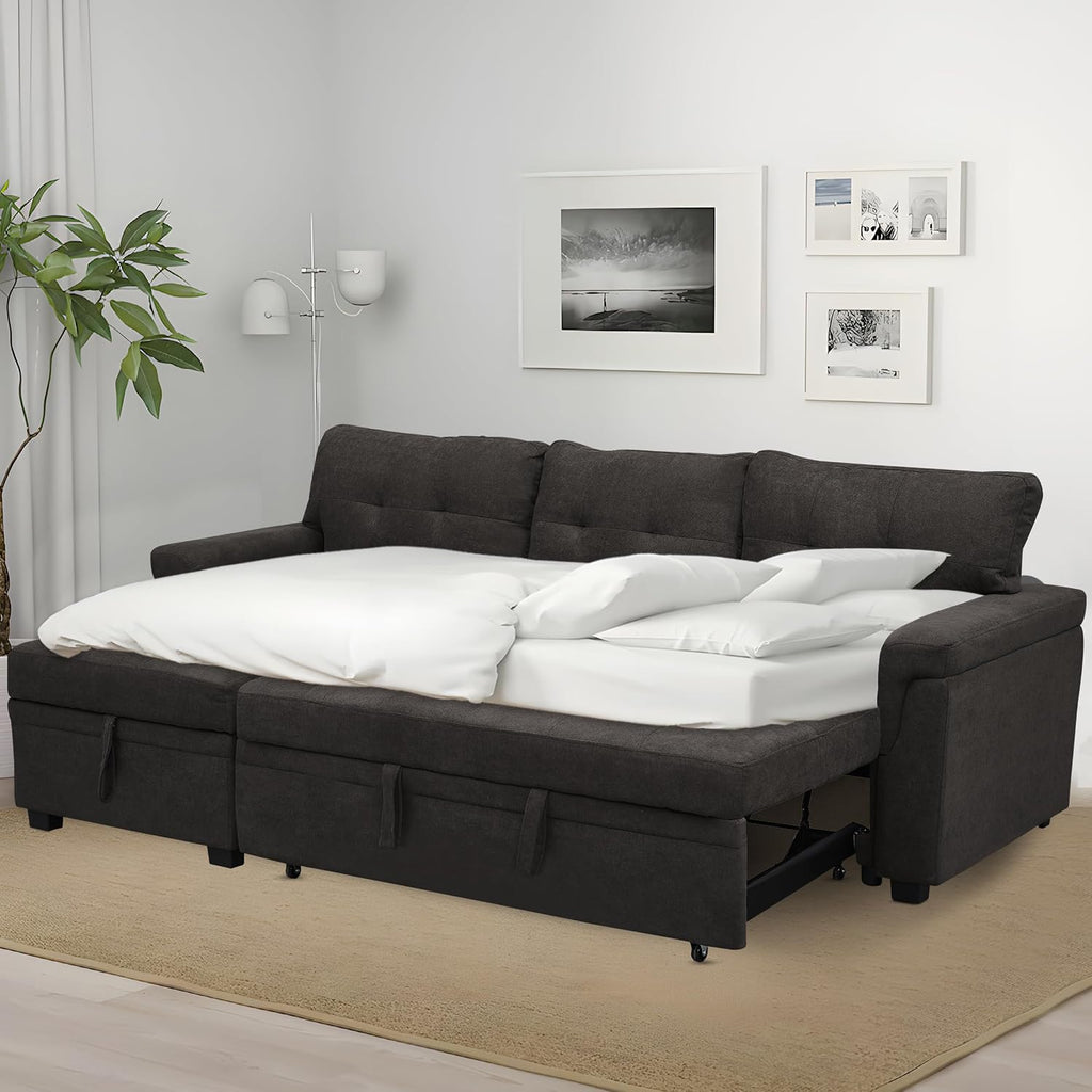 Naomi Home L Shaped Sectional Couch with Storage & Pull Out Bed – 3-in-1 Convertible Sleeper Sofa Bed, Small L Shape Sofa for Living Room, Sofa Bed with Storage Chaise in Espresso, Velvet