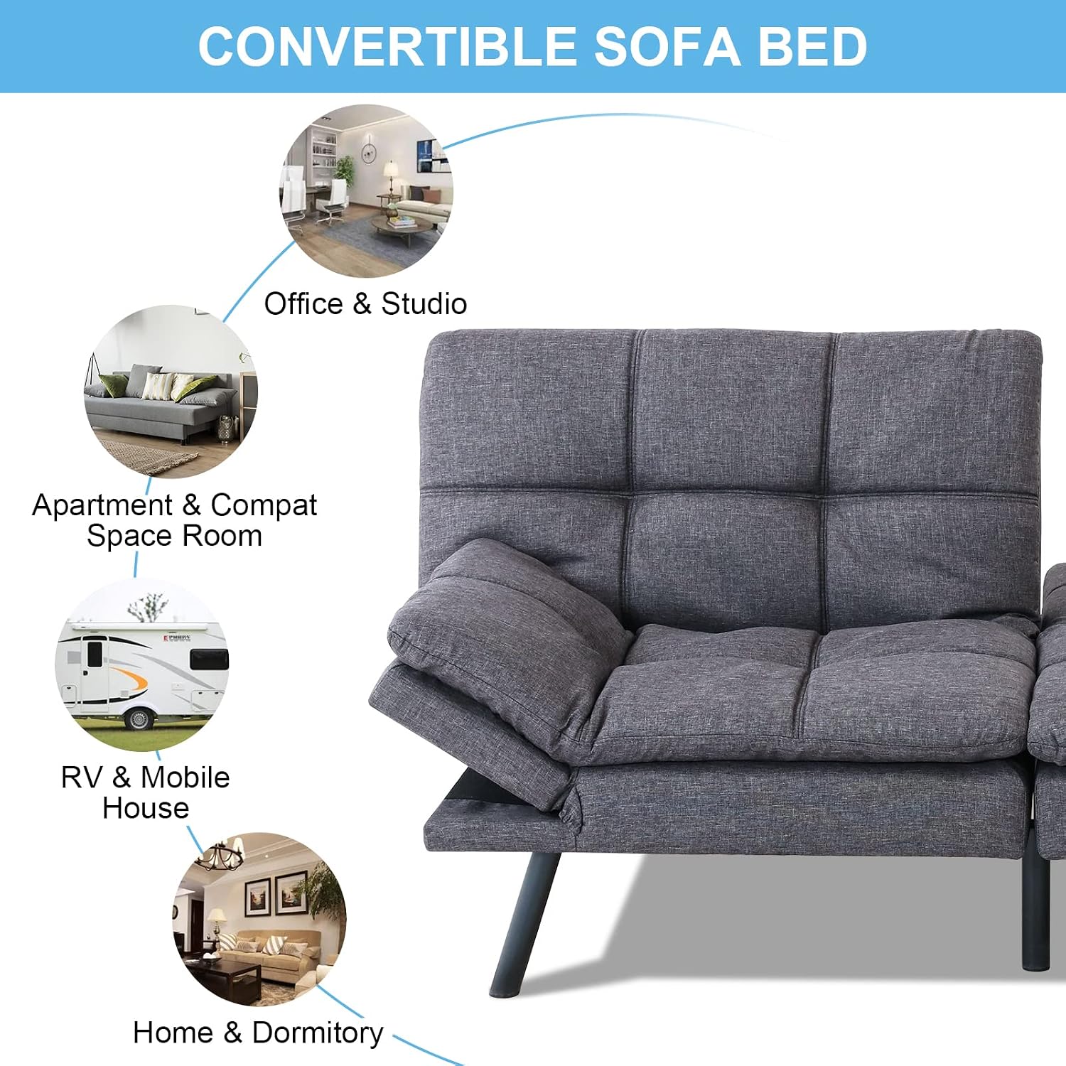 Opoiar Futon Convertible Sofa Bed With Memory Foam - Sleeper Loveseat, Breathable Linen, Adjustable Lounge Couch With Metal Legs for Compact Living Spaces, Dark Grey