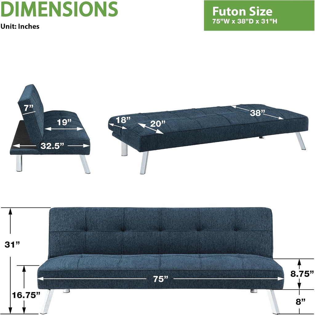 OSP Home Furnishings Kenneth Modern Button Tufted Convertible Click-Clack Futon Sofa Bed, Indigo Blue Fabric with Chrome Legs