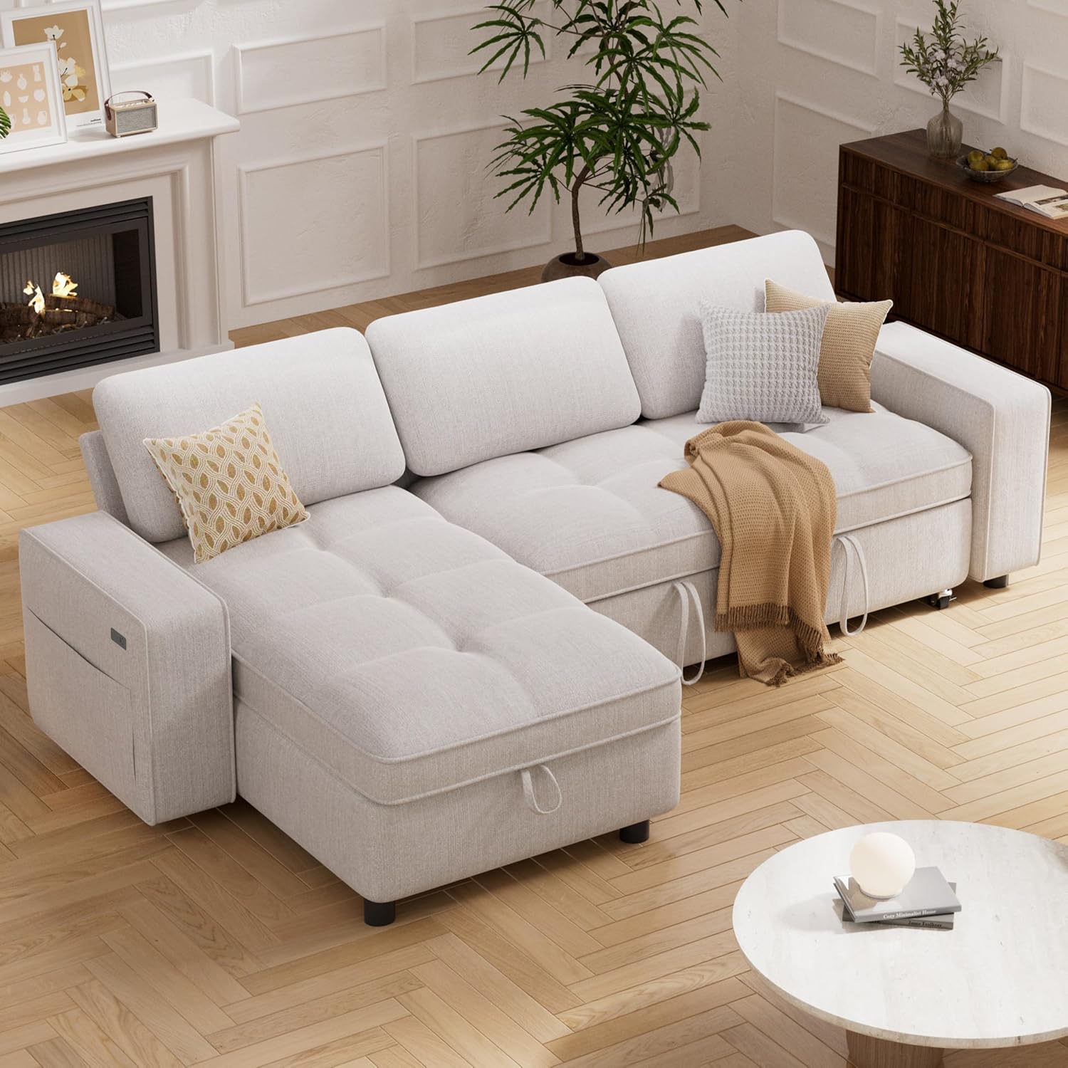 Vipbear 81' Sectional Sleeper Sofa with Pull Out Bed, L Shaped Sleeper Sofa, Pull Out Couch with Reclining Backrest, Reversible Storage Chaise, USB Ports, Tool-Free Assembly, Chenille Beige