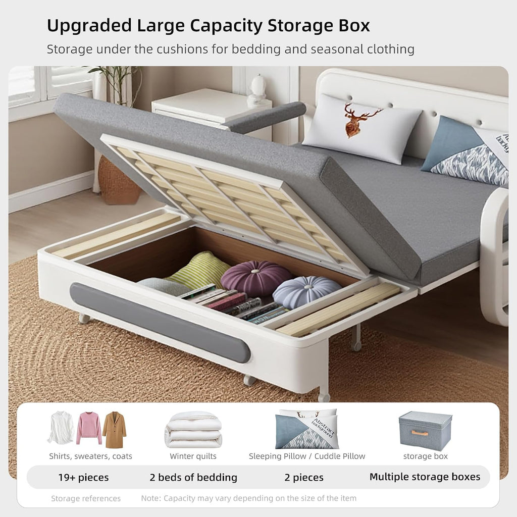 Pull-Out Sofa Daybed with Trundle, Versatile Futon Couch with Sleeping Function and Storage Space, Sofa Bed for Small Rooms and Living Rooms, Dark Grey and White (50.3')
