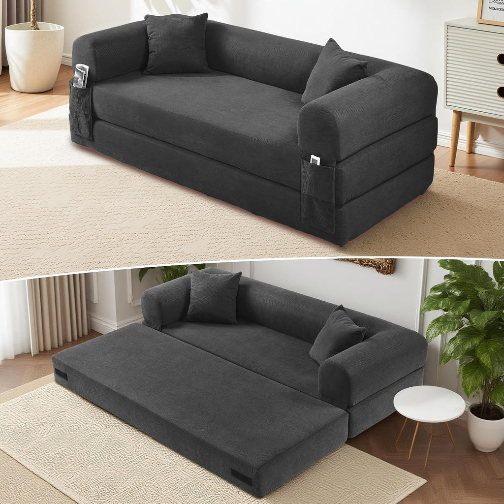 80' Convertible Sofa Bed, Corduroy Deep Seat Folding Pull Out Couch with Pillows, No Assembly Modern Boneless Couch Compression Sofa in Box, Floor Sofa with Storage Pocket for Living Room,Dark Grey