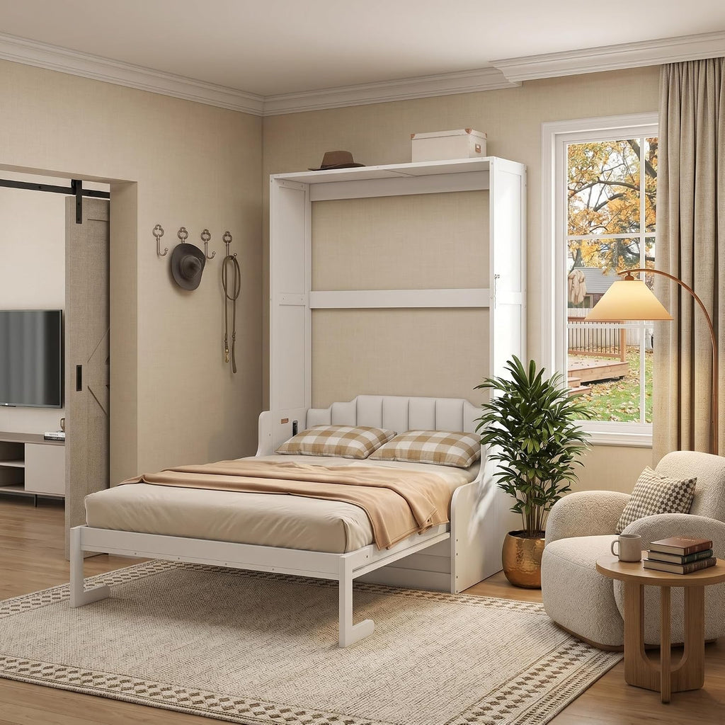 Merax Queen Size Murphy Bed, Wooden Queen Murphy Bed Wall Bed with Sofa and Cushion, for Home Office or Small Room, White