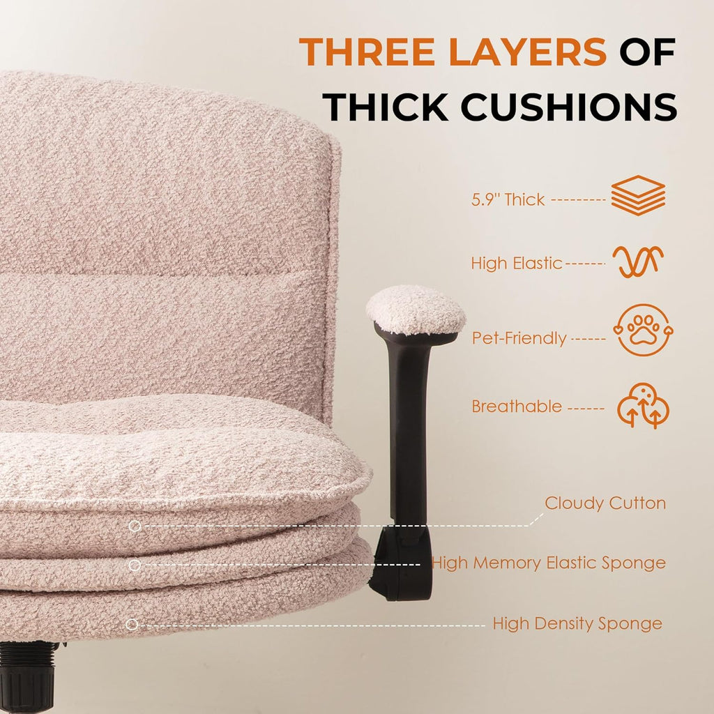 Dowinx Criss Cross Chair with Adjustable Flip-up Arms and Wheels, Comfort Ergonomic Office Desk Armchair with 3 Layer Cushions, Wide Seat Vanity Chair for Home Office, Living Room, Bedroom, Pink