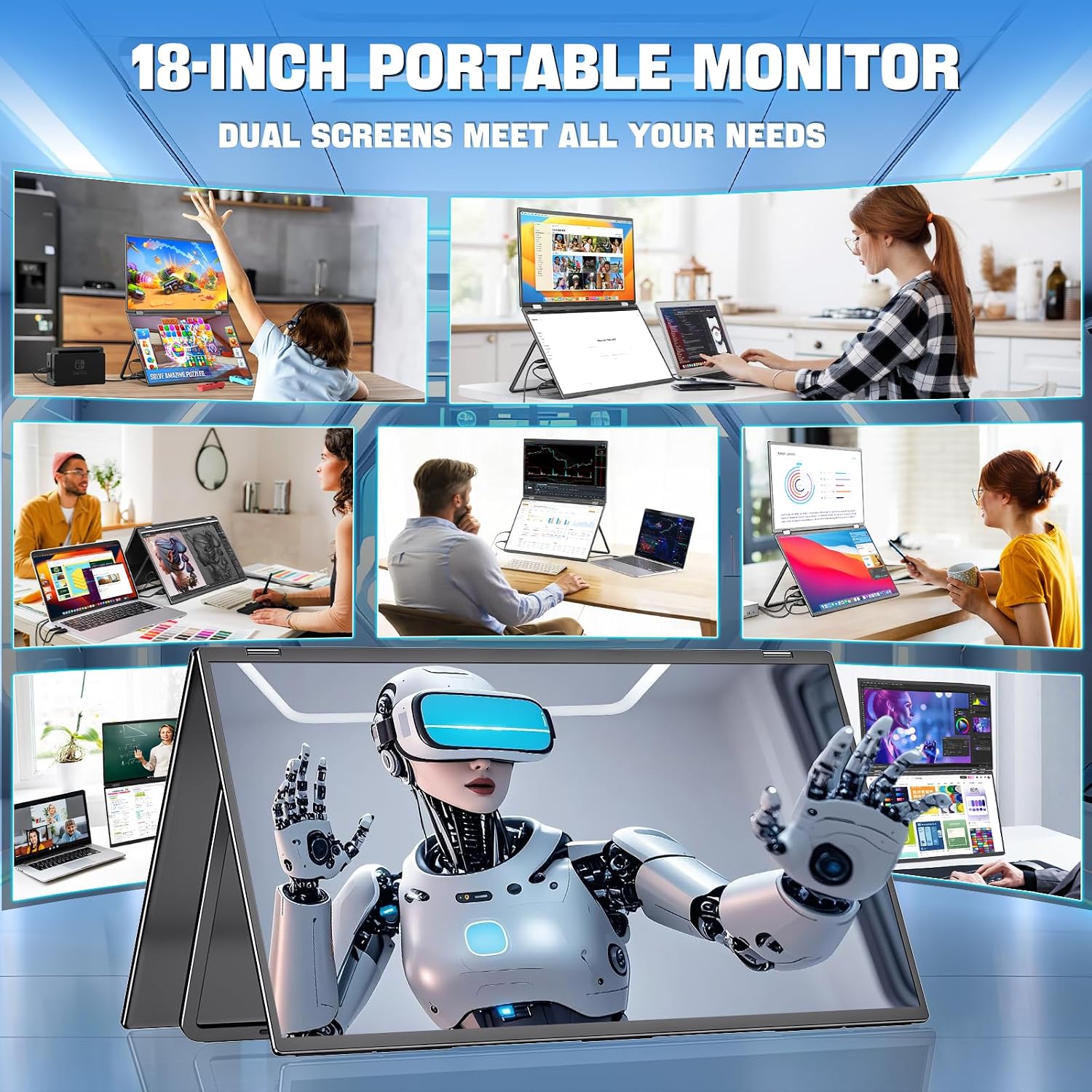 InnoView Dual Portable Monitor 18' 2560x1600P 100Hz 2K 100% DCI-P3 - Foldable & Stackable Design with 315° Screen Adjustment & 180° Stand | DP/USB-C/HDMI, Second Monitor for Laptop, Mac, Windows