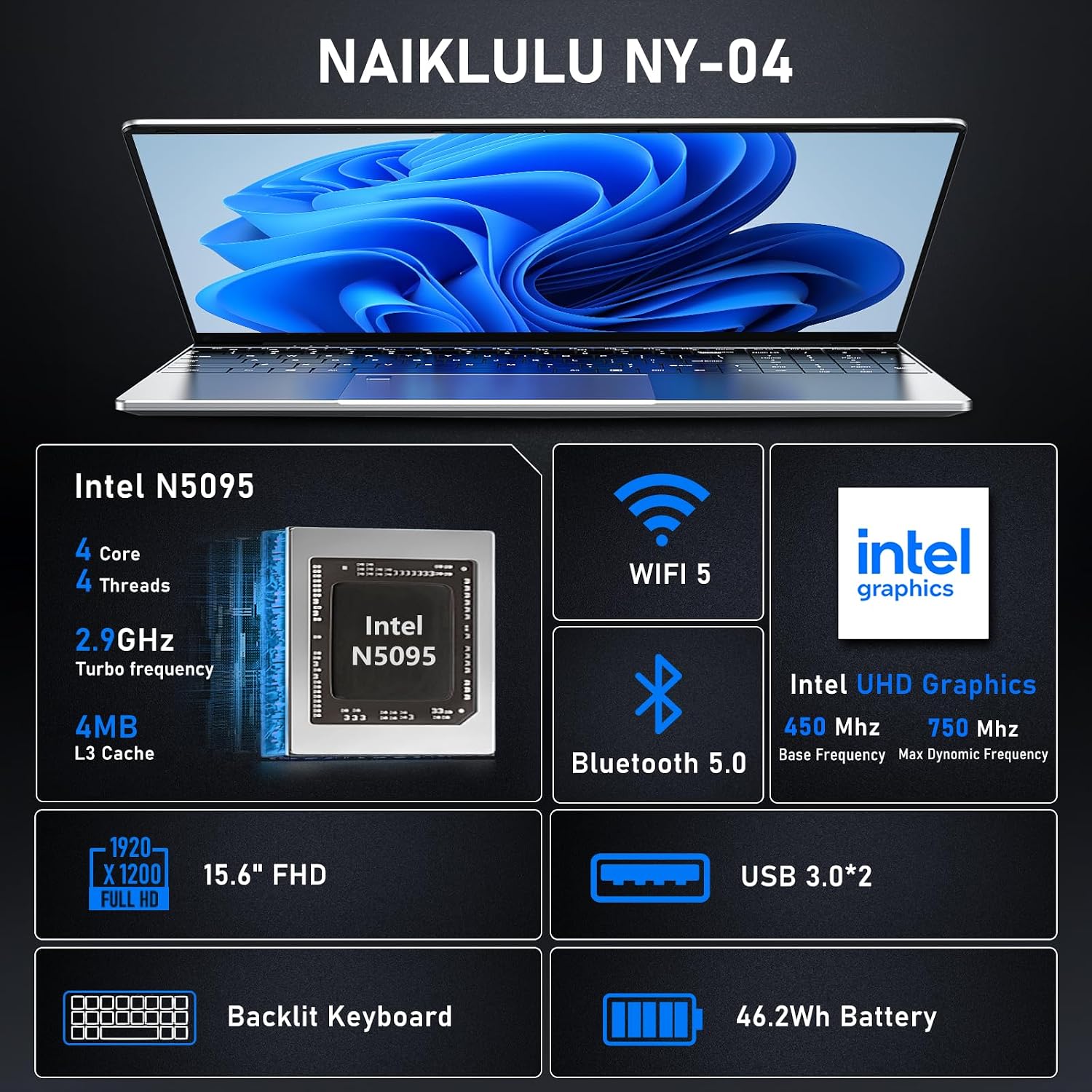 NAIKLULU Gaming Laptop,Window 11 Pro Laptop Computer, 15.6 Inch Lap Top，32GB RAM 1TB SSD,1920 * 1080 Display,WiFi 5,BT5.0,N5095 Processor(up to 2.9Ghz),Backlit Keyboard,Fingerprint Unlock