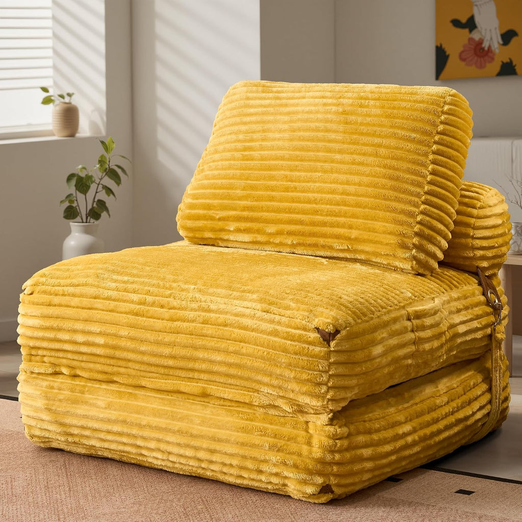 ovios Folding Sofa Bed, Foldable Sleeper Chair Floor Futon, Comfy Portable Convertible Fold Out Lounge Chairs for Living Room Bedroom, Yellow