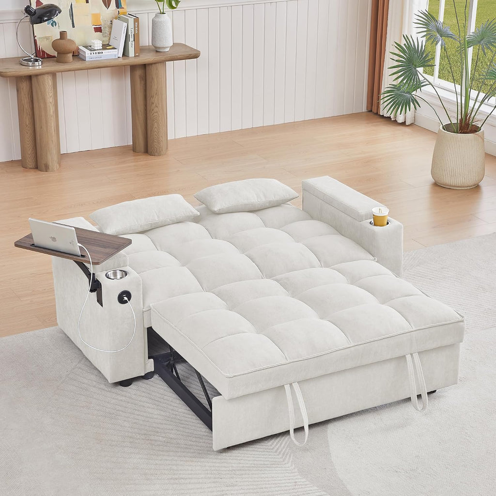 Auvsoce 65'' Convertible Sleeper Sofa Bed with Adjustable Backrest, Chaise Lounge, Side Table & USB/Type-C Ports – Stylish & Functional Addition to Any Living Room (White)