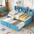 Harper & Bright Designs Twin Bed with Trundle and Storage Bookcase, USB Ports, Solid Wood Platform Bed Frame Twin Size Daybed Sofa Bed for Bedroom Living Room (Twin Size, Blue)