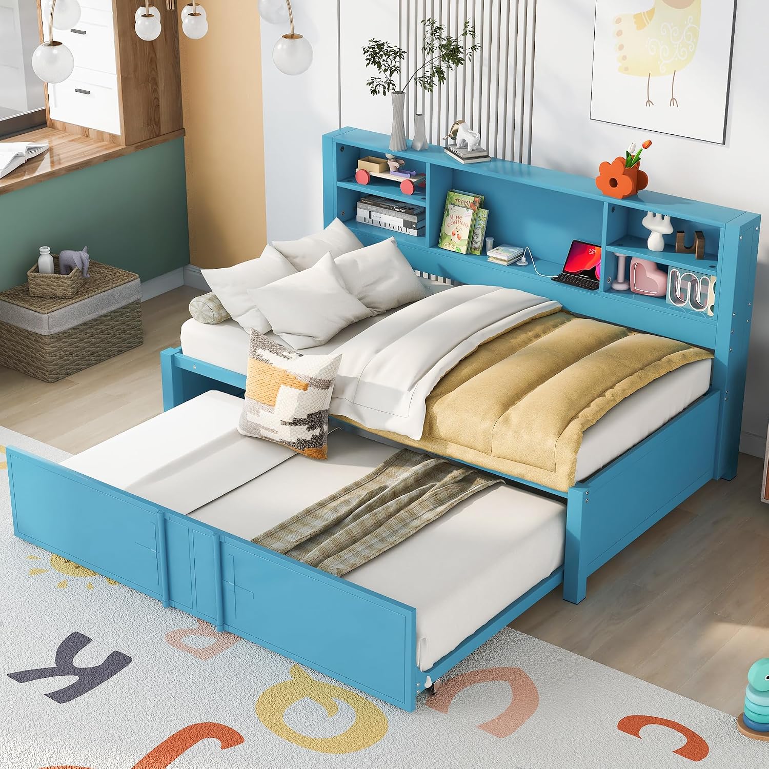 Harper & Bright Designs Twin Bed with Trundle and Storage Bookcase, USB Ports, Solid Wood Platform Bed Frame Twin Size Daybed Sofa Bed for Bedroom Living Room (Twin Size, Blue)