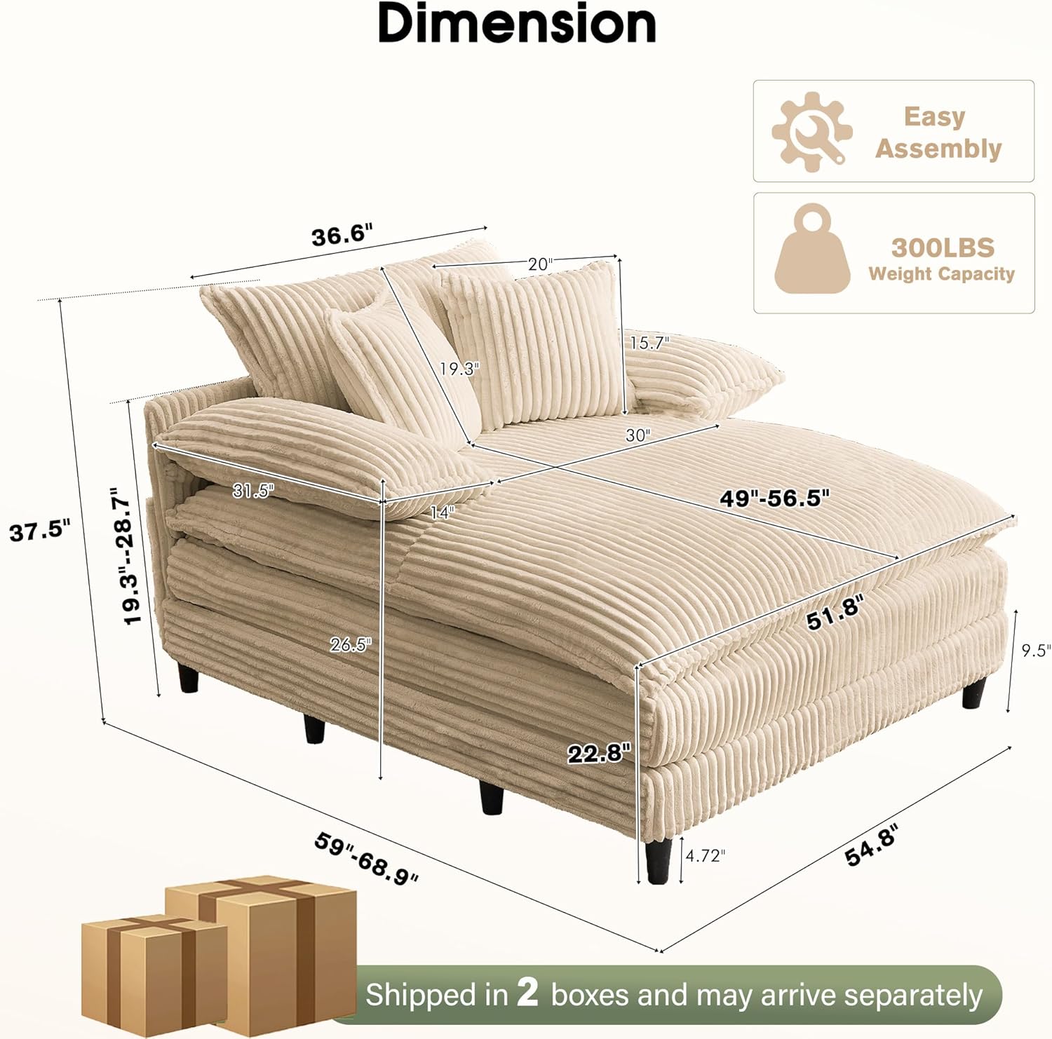 WESTSETLUX 54.8' W Oversized Chaise Lounge Chair Indoor with 5-Position Adjustable Backrest, Corduroy Sleeper Sofa Bed with 3 Pillows, Modern Cloud Couch Chair for Living Room, Bedroom, Khaki