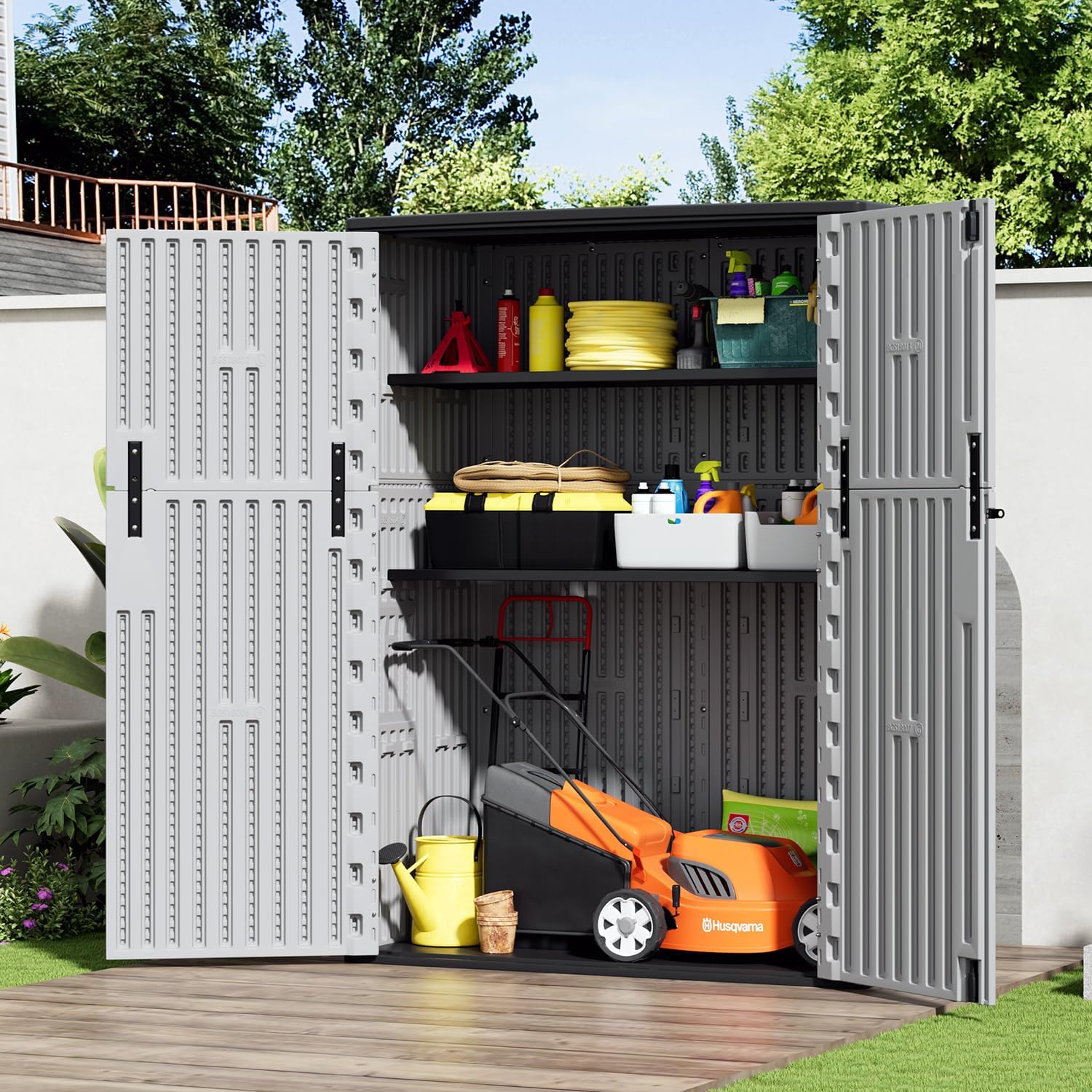 HOMSPARK Outdoor Storage Shed 57 Cu.Ft, All-Weather Resistant Resin Garden Sheds & Outdoor Storage Clearance with Floor, Double-Layer Plastic Tool Sheds for Patio, Garden & Lawn (Light Gray)