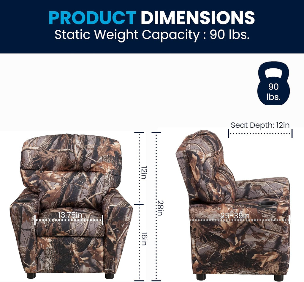 Flash Furniture Chandler Vinyl Kids Recliner with Cup Holder and Safety Recline, Contemporary Reclining Chair for Kids, Supports up to 90 lbs., Camouflage