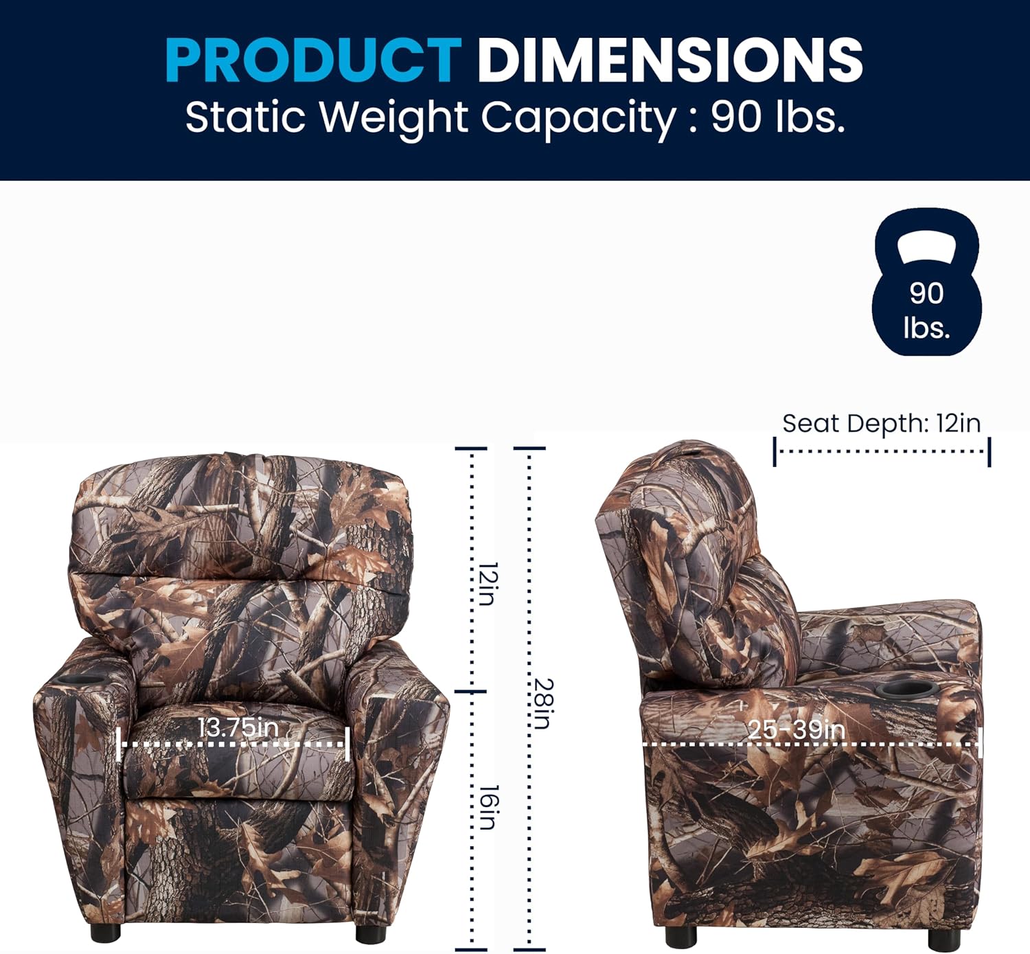 Flash Furniture Chandler Vinyl Kids Recliner with Cup Holder and Safety Recline, Contemporary Reclining Chair for Kids, Supports up to 90 lbs., Camouflage