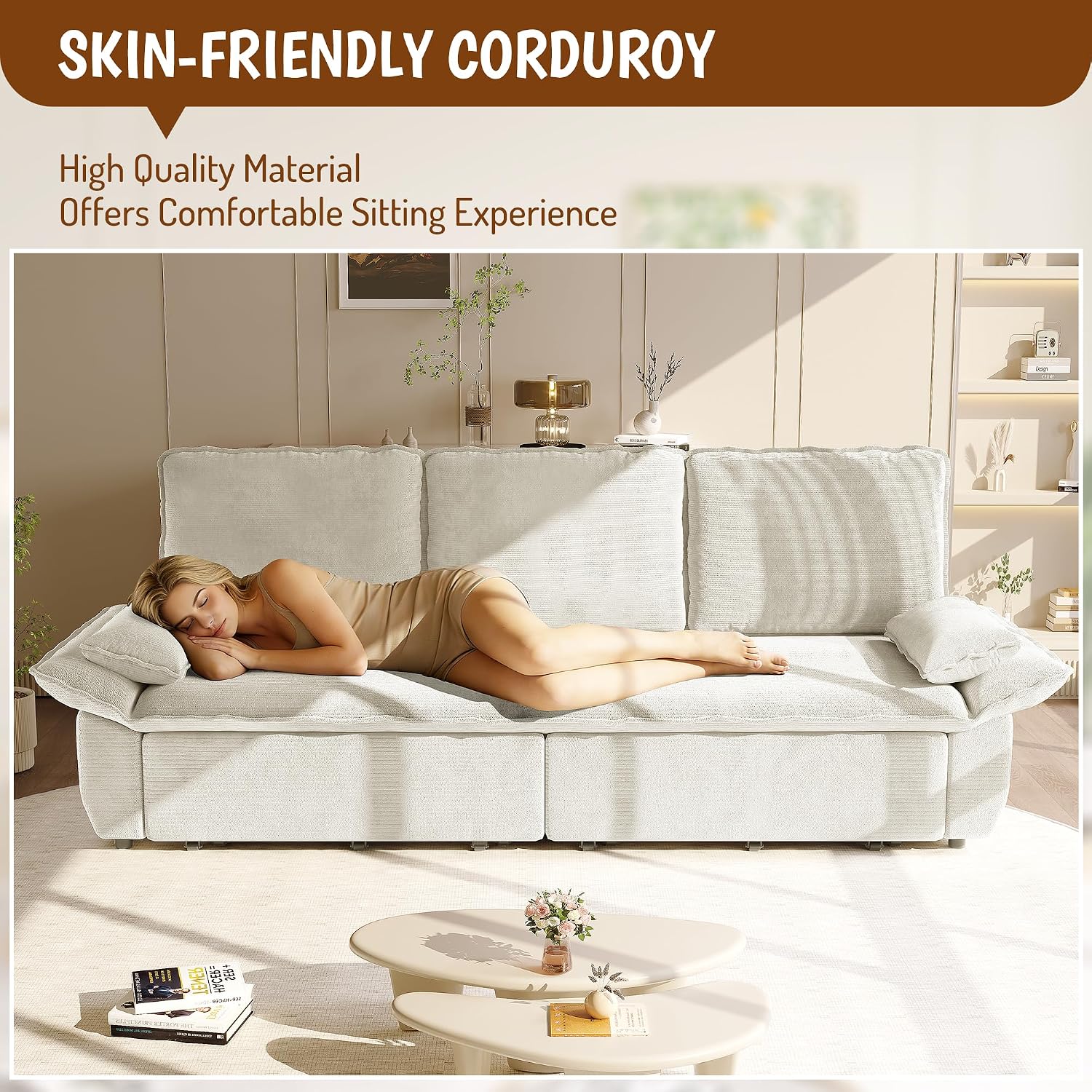 94.5'' Sleeper Sofa Bed King Size, Modern Corduroy Pull Out Couch, 3-in-1 Convertible Futon Sofa, 3 Seater Couches, Cloud Recliner, Pillow Arm, for Living Room, Apartment, Offices, Beige