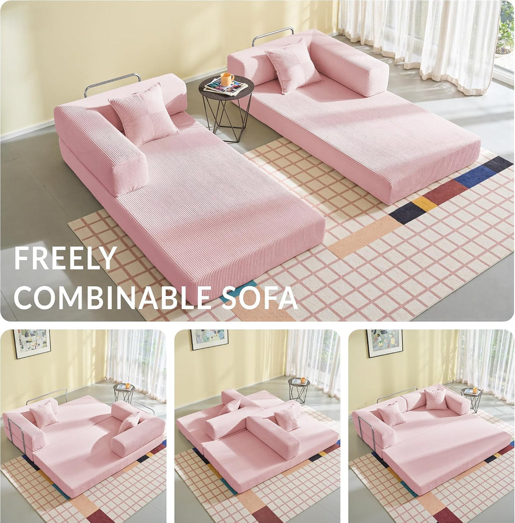 Compression Sofa - 78''Convertible Floor Sofa Bed - with Pillow Back Support Armrest - Comfy Foldable Sofa Bed Compressed Sofa in Box - Corduroy Fabric - for Living Room Bedroom (Pink)
