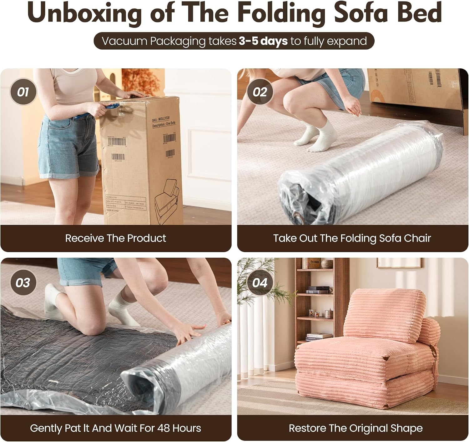 ovios Folding Sofa Bed, Foldable Sleeper Chair Floor Futon, Comfy Portable Convertible Fold Out Lounge Chairs for Living Room Bedroom, Pink
