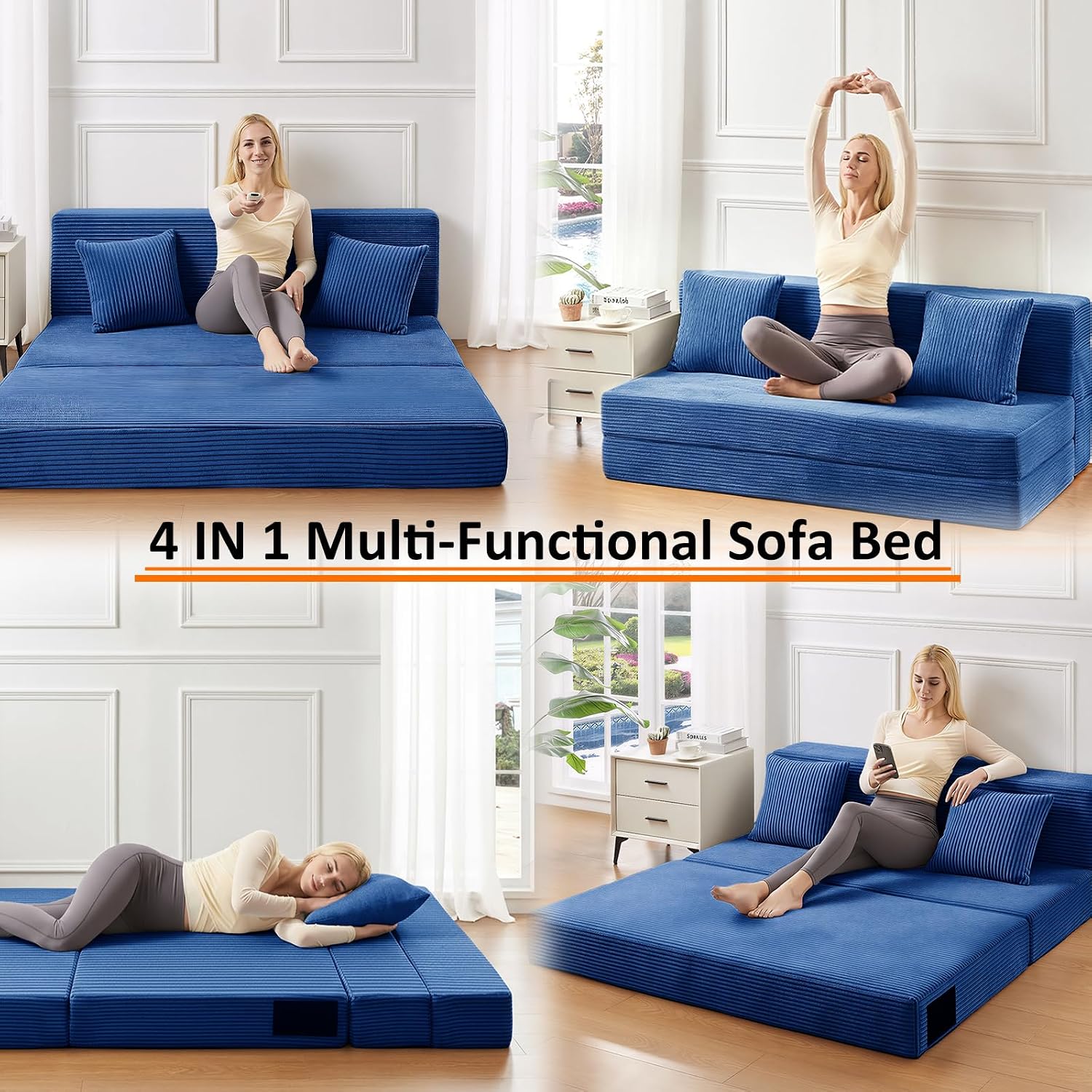 JKMAX Twin Size Folding Sofa Bed - 4 in 1 Convertible Sleeper Chair with Pillow - High Density Memory Foam Futon Couch - Foldable Bed for Living Room Bedroom (Blue)