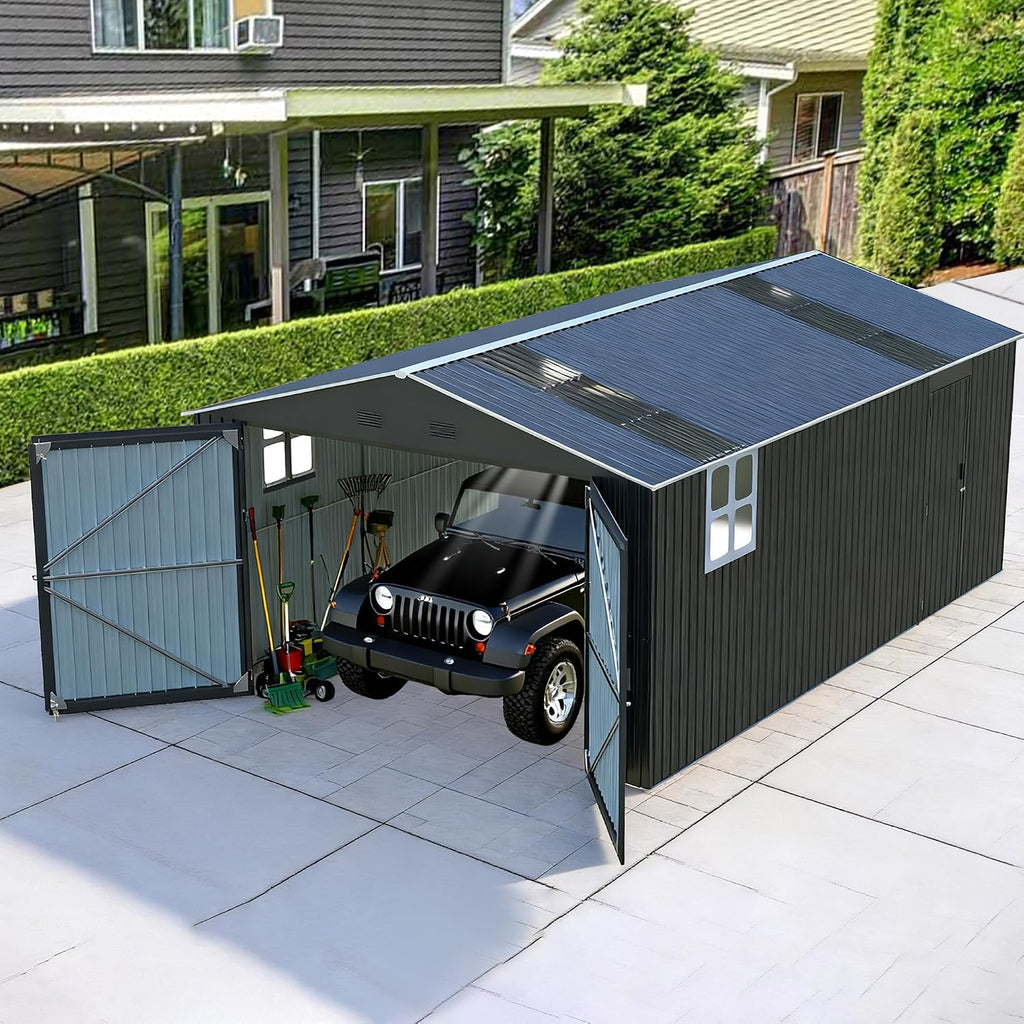 Large Storage Shed 13x20ft, Outdoor Metal Garage Shed with 2 Doors and 2 Windows, Heavy Duty, Black