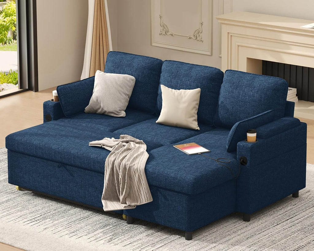 DURASPACE Sleeper Sofa Bed Pull Out Couch 2 in 1 Convertible Sofa Sleeper with Storage, L Shaped Sectional Couch Bed for Small Spaces Living Room Bedroom Apartment (Blue)