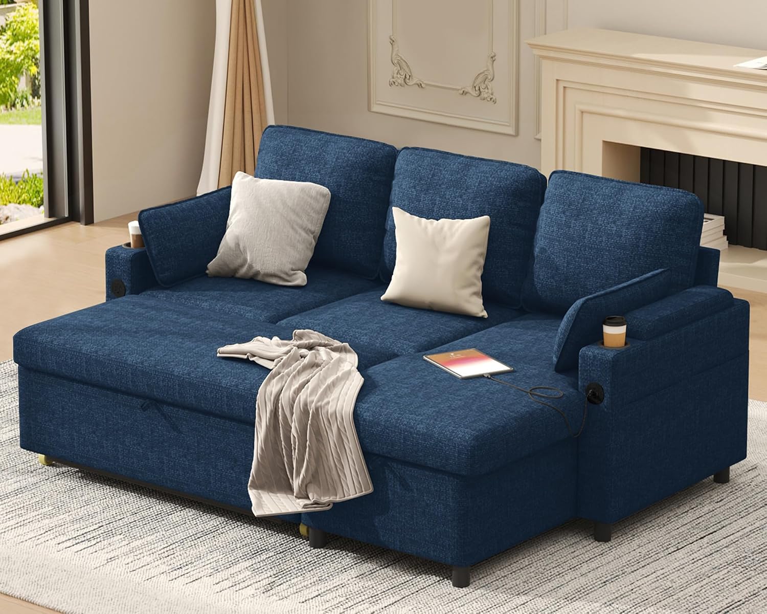 DURASPACE Sleeper Sofa Bed Pull Out Couch 2 in 1 Convertible Sofa Sleeper with Storage, L Shaped Sectional Couch Bed for Small Spaces Living Room Bedroom Apartment (Blue)