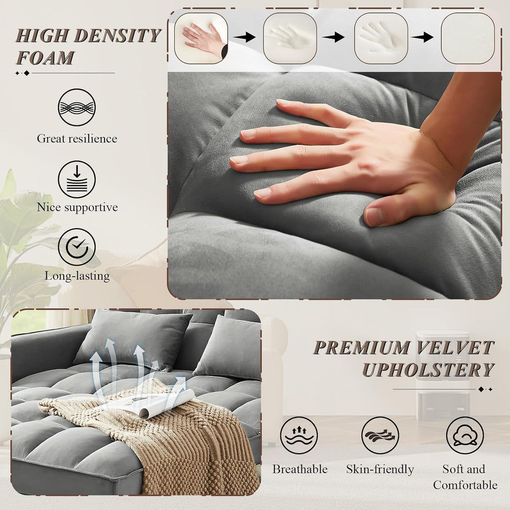3 in 1 Convertible Sleeper Sofa Bed, Futon Couches for Living Room with Side Pocket/Adjustable Backrest, Velvet Upholstered Pull Out Couch, Small Loveseat Sofa Bed for Bedroom Office Small Spaces