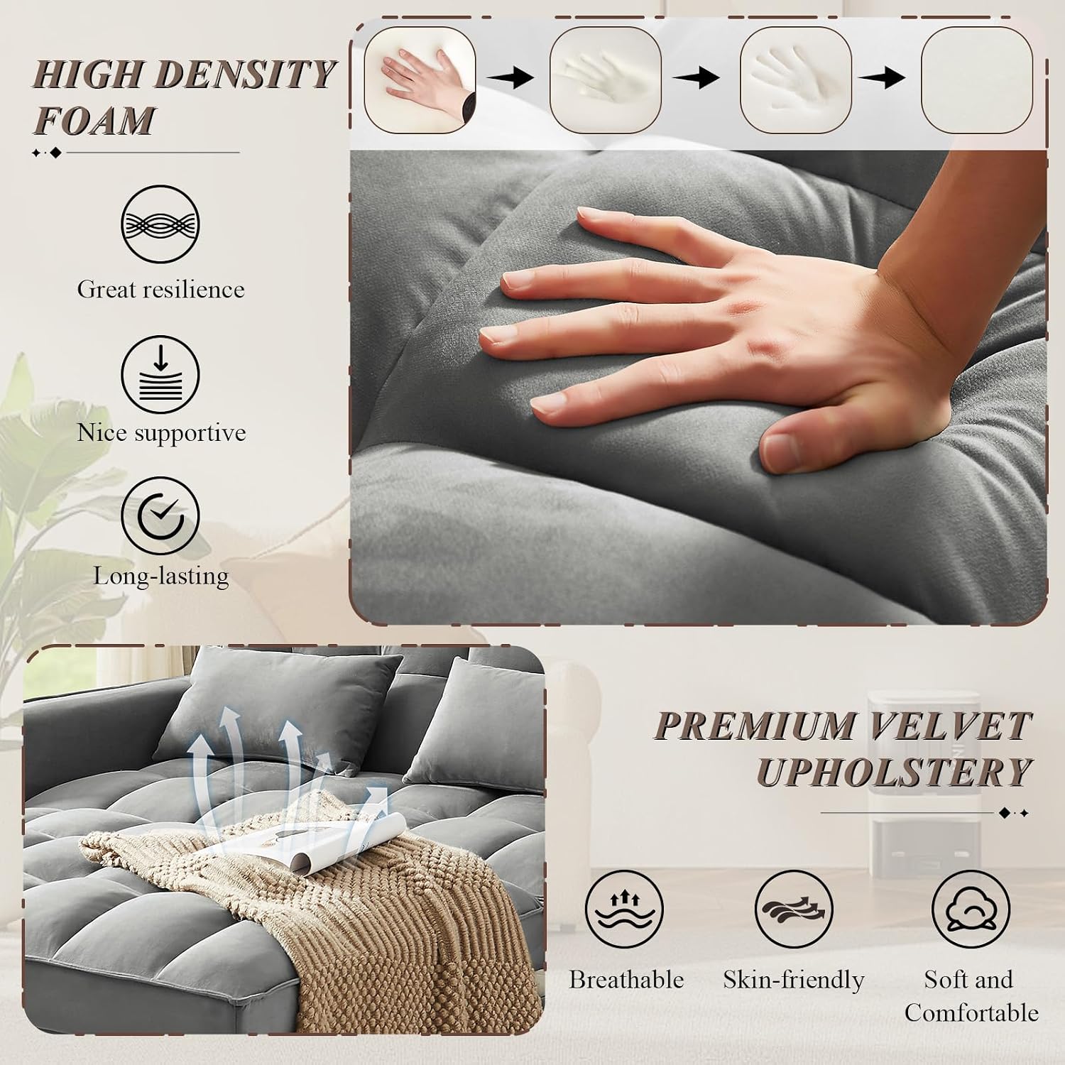 3 in 1 Convertible Sleeper Sofa Bed, Futon Couches for Living Room with Side Pocket/Adjustable Backrest, Velvet Upholstered Pull Out Couch, Small Loveseat Sofa Bed for Bedroom Office Small Spaces