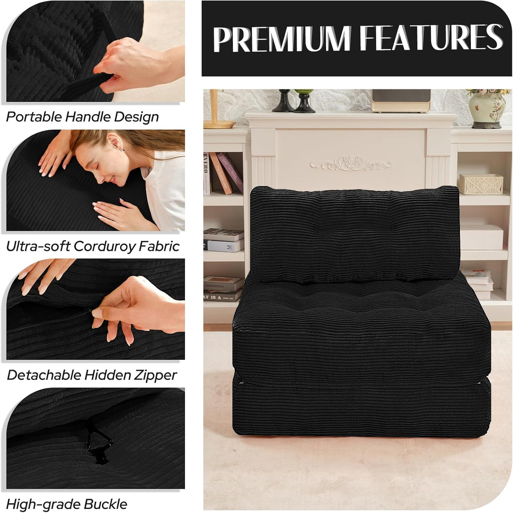 HABUTWAY Folding Sofa Bed, Convertible Sleeper Chair Bed w/Dual-Pillow & Handle, Foldable Floor Sofa Lounge w/Back Support for Living Room, Bedroom, Apartment, Office, Single, Black
