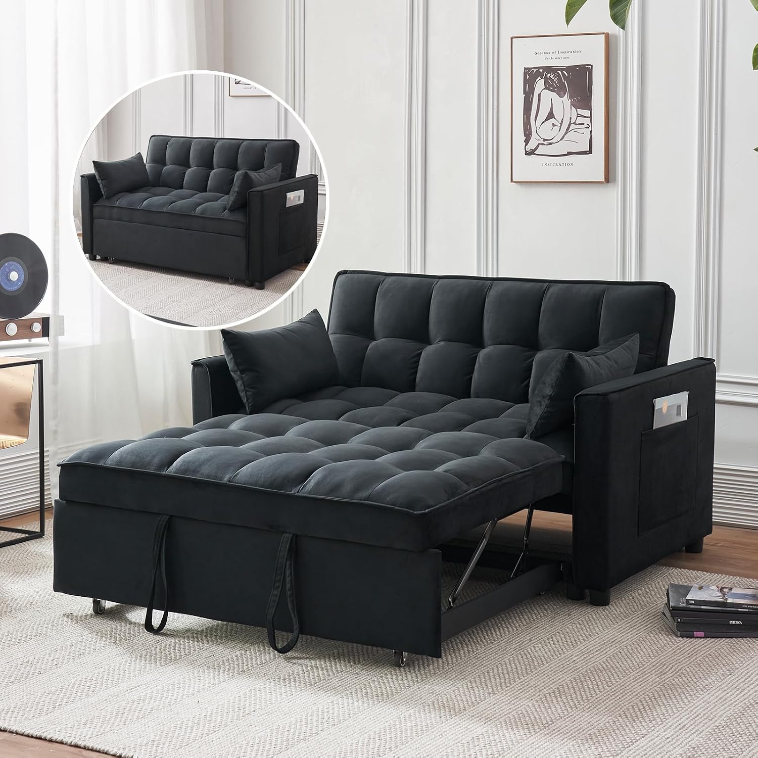 Futon Sofa Bed,Modern 3 in 1 Convertible Sleeper Sofa, Pull Out Couch Bed with Adjustable Backrest, Storage Pockets and Toss Pillows for Living Room, Bedroom (Black)
