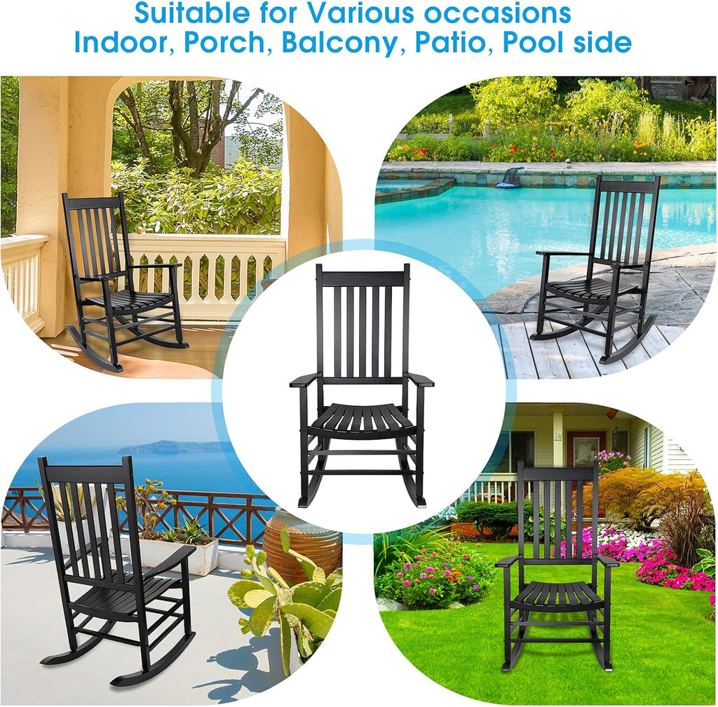 Rocking Chair Wooden Frame Chair Indoor and Outdoor Fade Resistant Rocker with 350lbs Weight Capacity All Weather Porch Rocker for Garden Lawn Balcony Backyard and Patio Porch (2, Black)