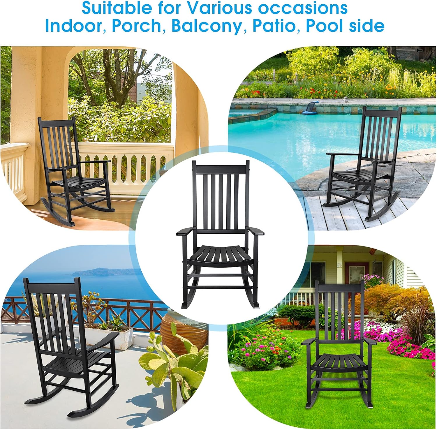Rocking Chair Wooden Frame Chair Indoor and Outdoor Fade Resistant Rocker with 350lbs Weight Capacity All Weather Porch Rocker for Garden Lawn Balcony Backyard and Patio Porch (2, Black)
