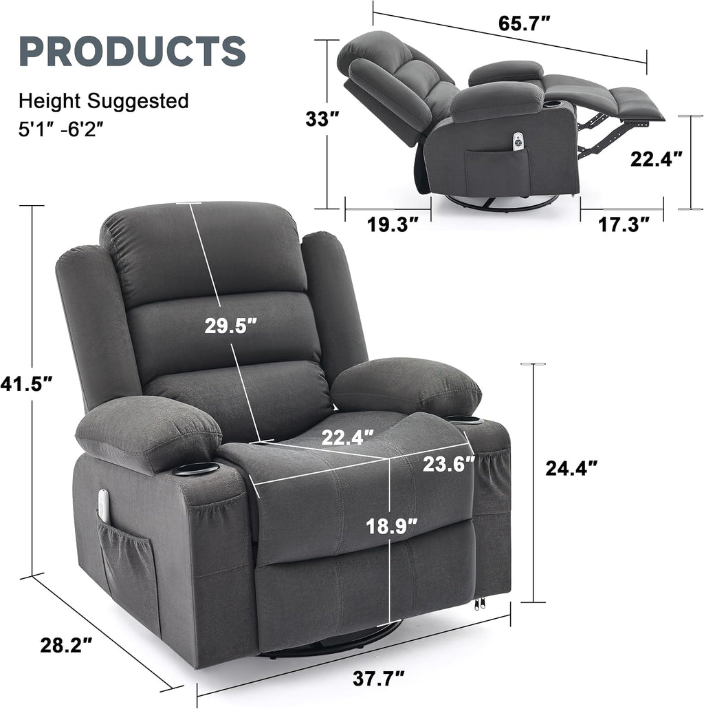 Rocker Recliner Chair with Heat and Massage, 360° Swivel Nursery Rocking Chairs for Adults, Oversized Recliner Single Sofa Seat with Cup Holders, Lazy Boy Recliner Single Sofa (Manual, Darkgrey)