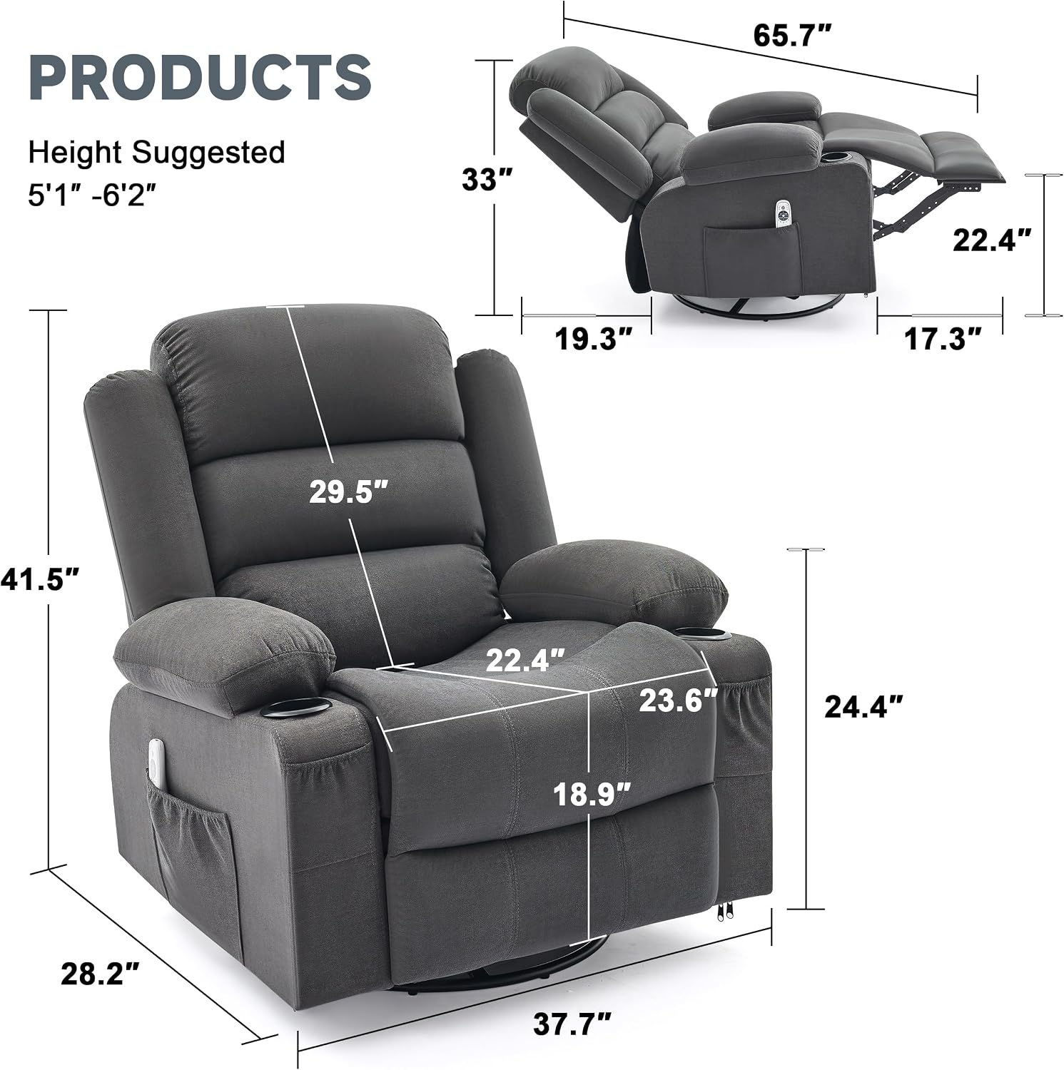 Rocker Recliner Chair with Heat and Massage, 360° Swivel Nursery Rocking Chairs for Adults, Oversized Recliner Single Sofa Seat with Cup Holders, Lazy Boy Recliner Single Sofa (Manual, Darkgrey)