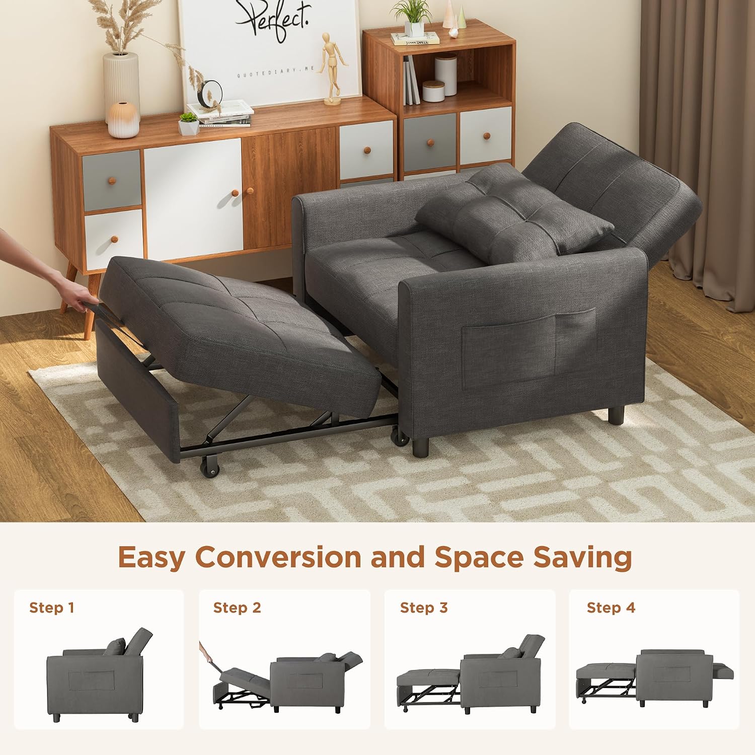 Aiho 34-Inch Sleeper Chair Bed, 3-in-1 Convertible Sofa Bed with Adjustable Backrest for Living Room or Apartment (Dark Gray)
