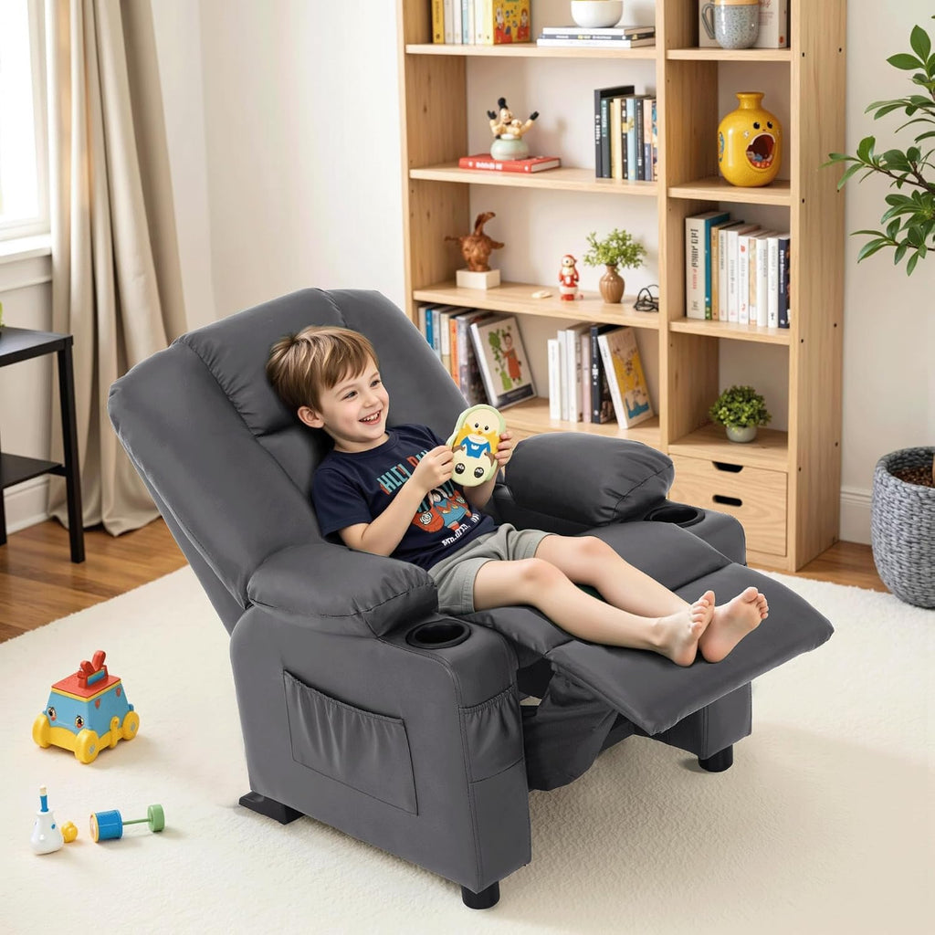MCombo Big Kids Recliner for Ages 3+, Child Reclining Chair, Toddlers Recliner Sofa with Cup Holders, Faux Leather, 7322(Dark Grey)