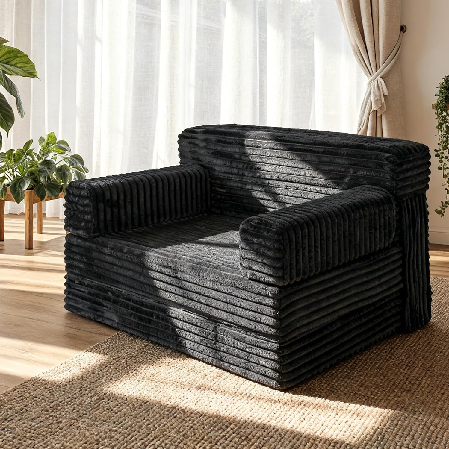 YEPDIN Folding Sofa Bed,Convertible Sofa Bed with Armrest Foldable Sleeper Chair, Portable Folding 4-in-1 Floor Sofa with Convertible Lounge Chair for Living Room,Bedroom,Washable Cover,Black Single
