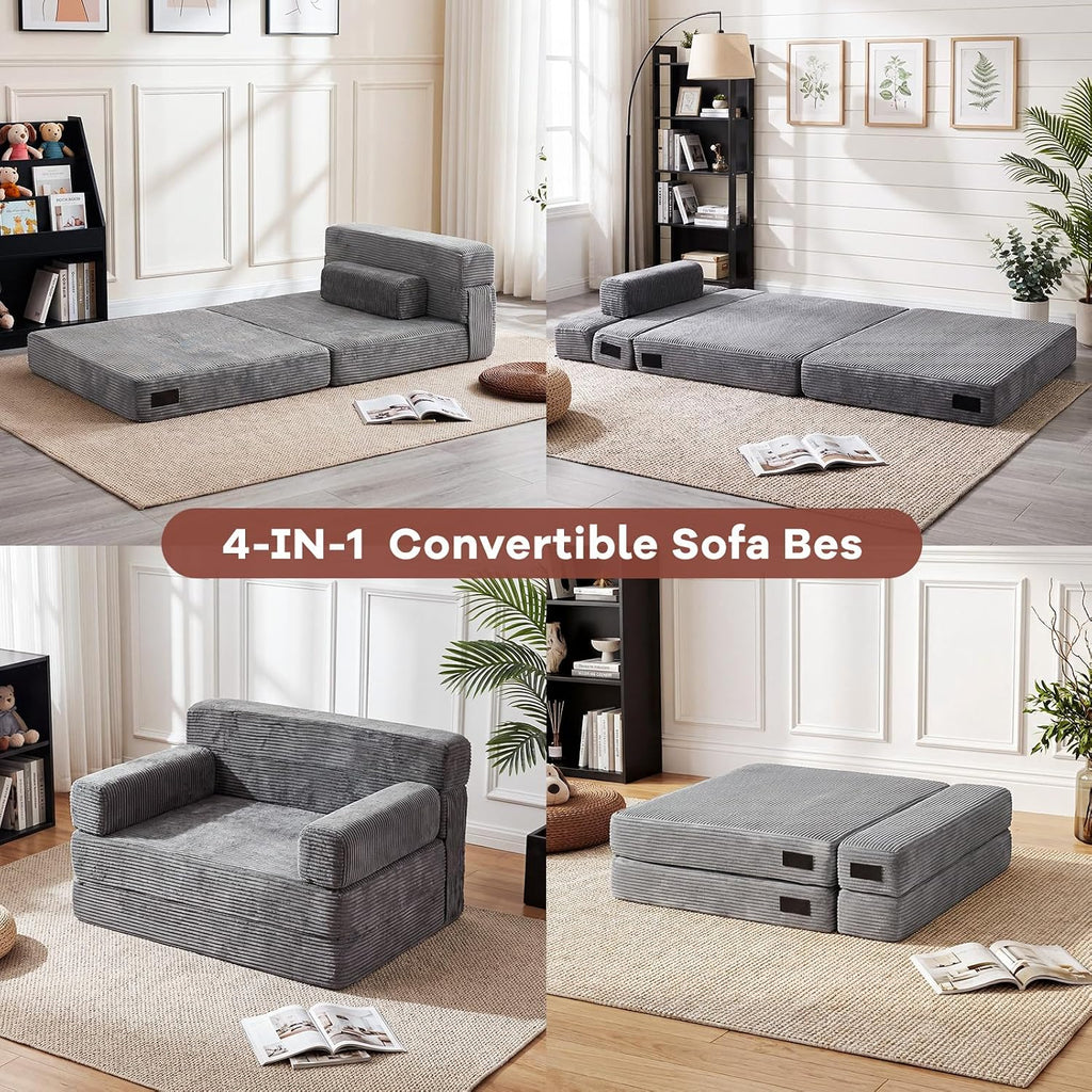 YEPDIN Folding Sofa Bed,Convertible Sofa Bed with Armrest Foldable Sleeper Chair, Portable Folding 4-in-1 Floor Sofa with Convertible Lounge Chair for Living Room,Bedroom,Washable Cover,Grey Single