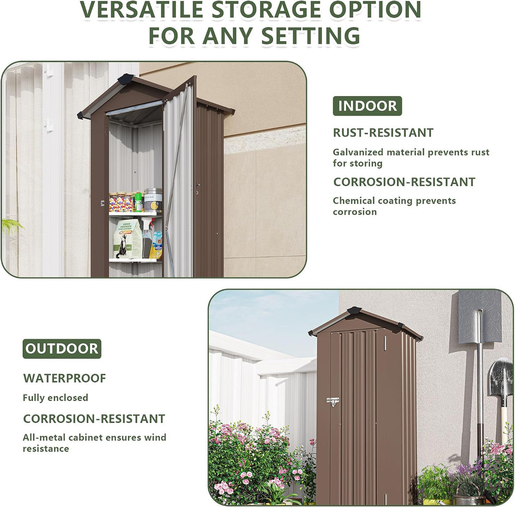 2.5x1.4 FT Outdoor Storage Shed, Small Metal Tool Shed with Waterproof Roof and Lockable Door, Garden Tool Sheds Storage Cabinet for Backyard Patio Lawn, Brown