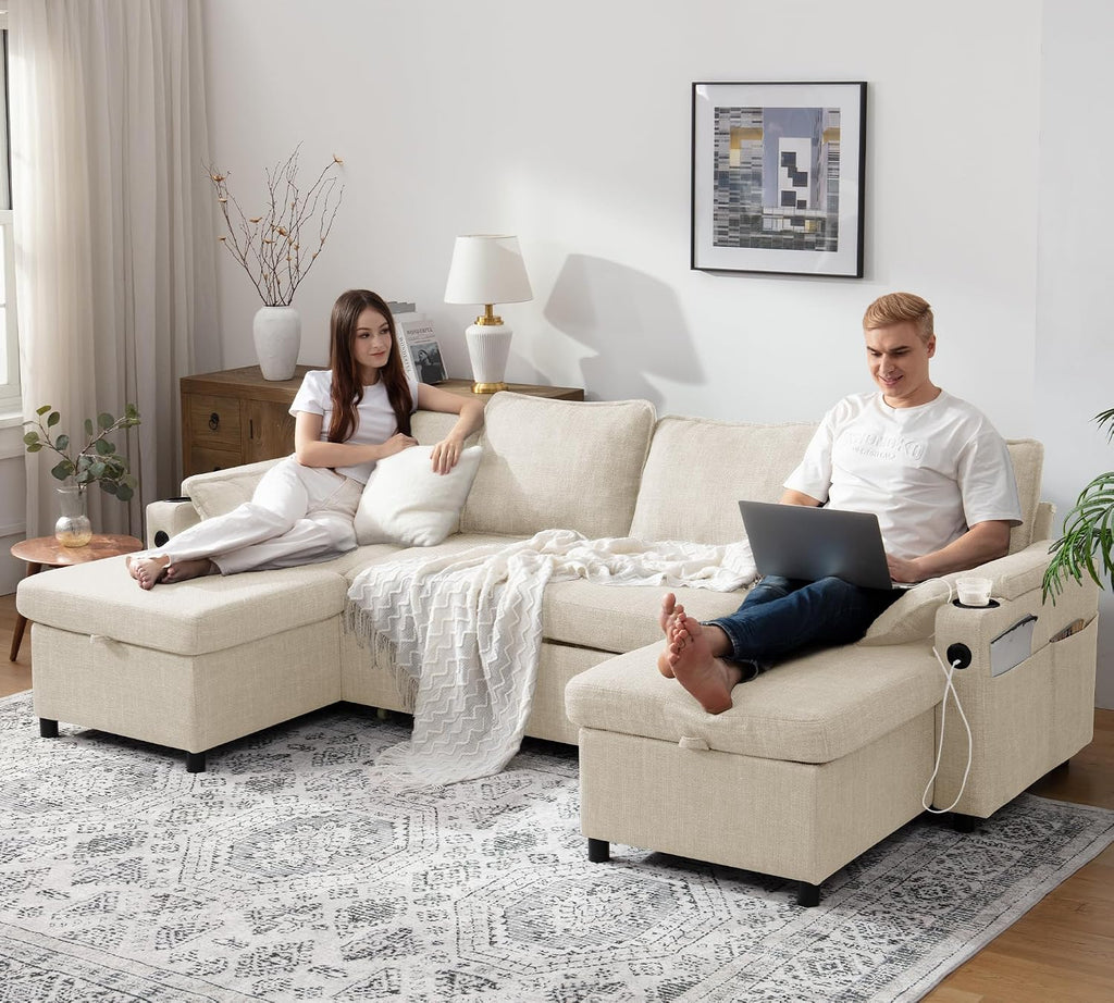 DURASPACE 104.3'' Sleeper Couch Pull Out Sofa Bed 2 in 1 Convertible Sofa Sleeper with Storage, U Shaped Sectional Couch Bed for Small Spaces Living Room Bedroom Apartment (Beige)